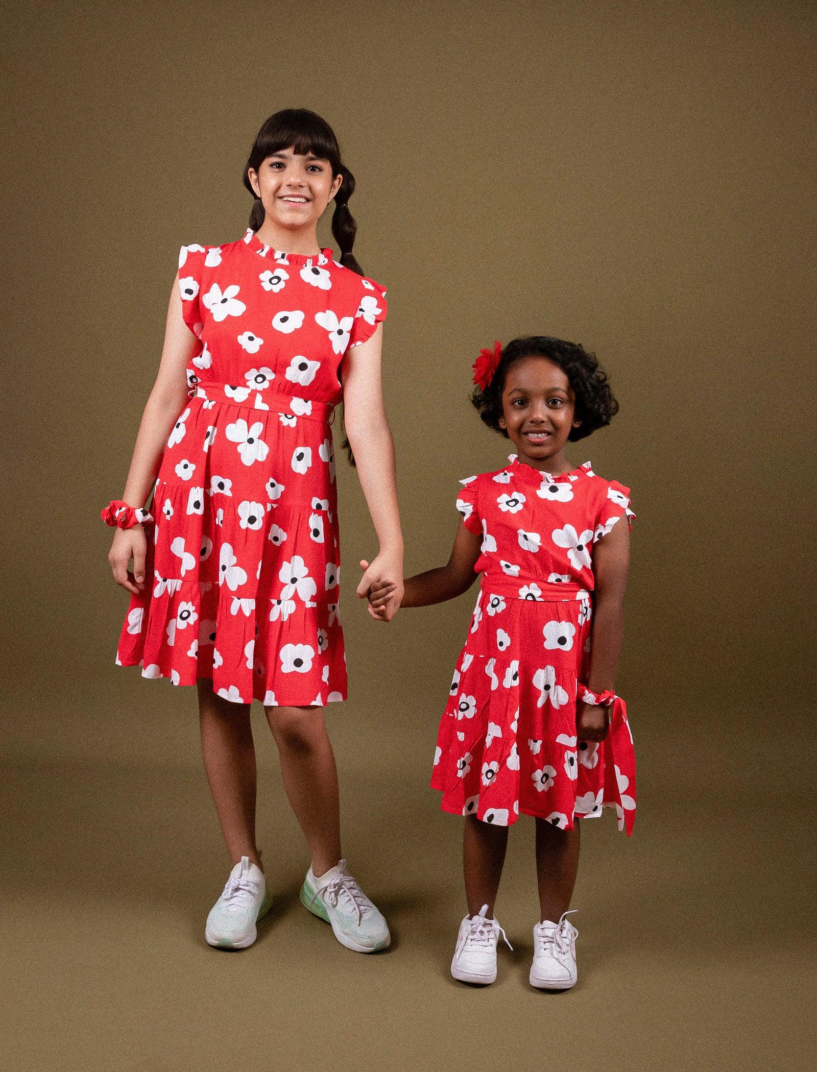 Classic Floral Dress for Girls Kids with Ruffled Sleeves (Red) - Tweeny Mini