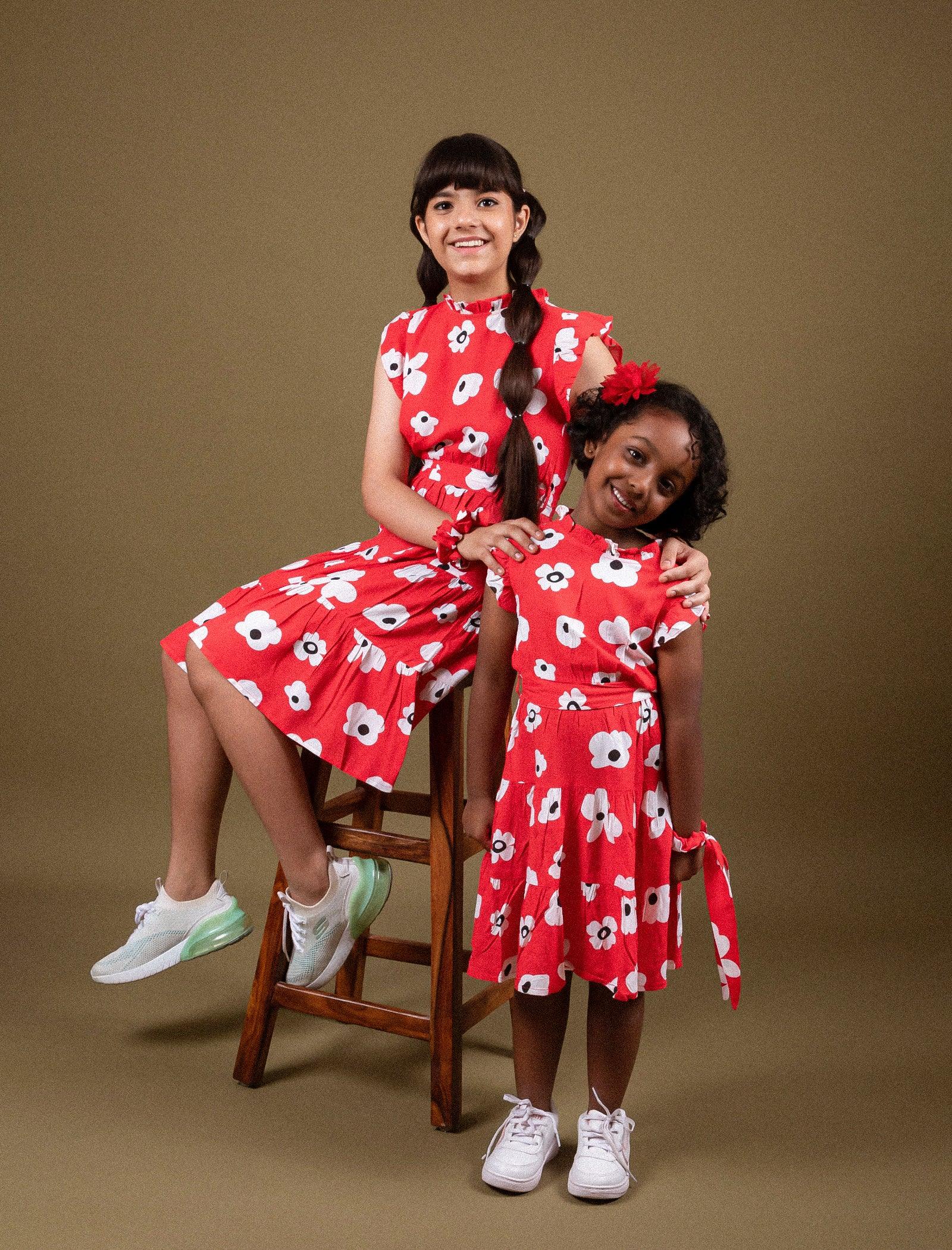 Classic Floral Dress for Girls Kids with Ruffled Sleeves (Red) - Tweeny Mini