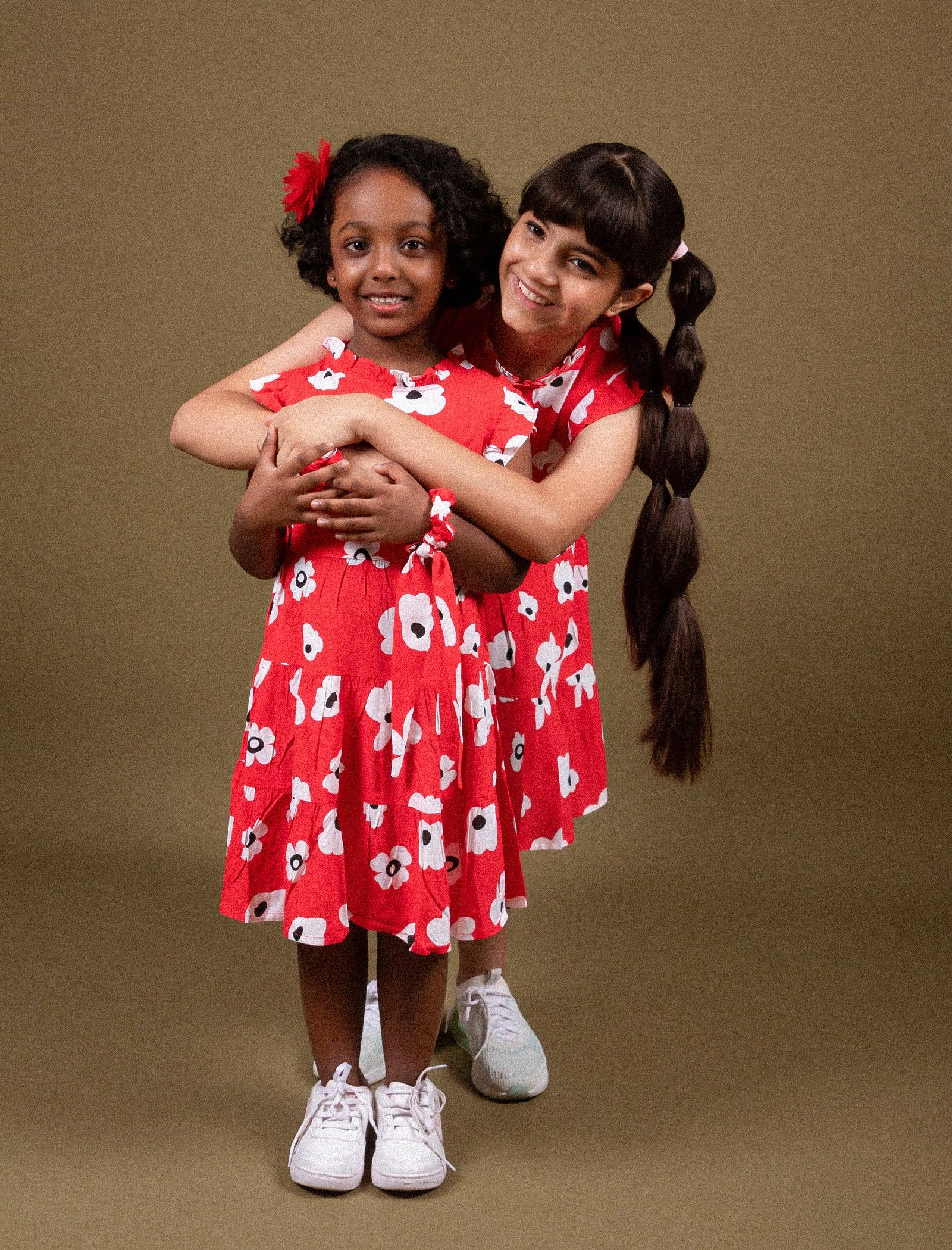 Classic Floral Dress for Girls Kids with Ruffled Sleeves (Red) - Tweeny Mini