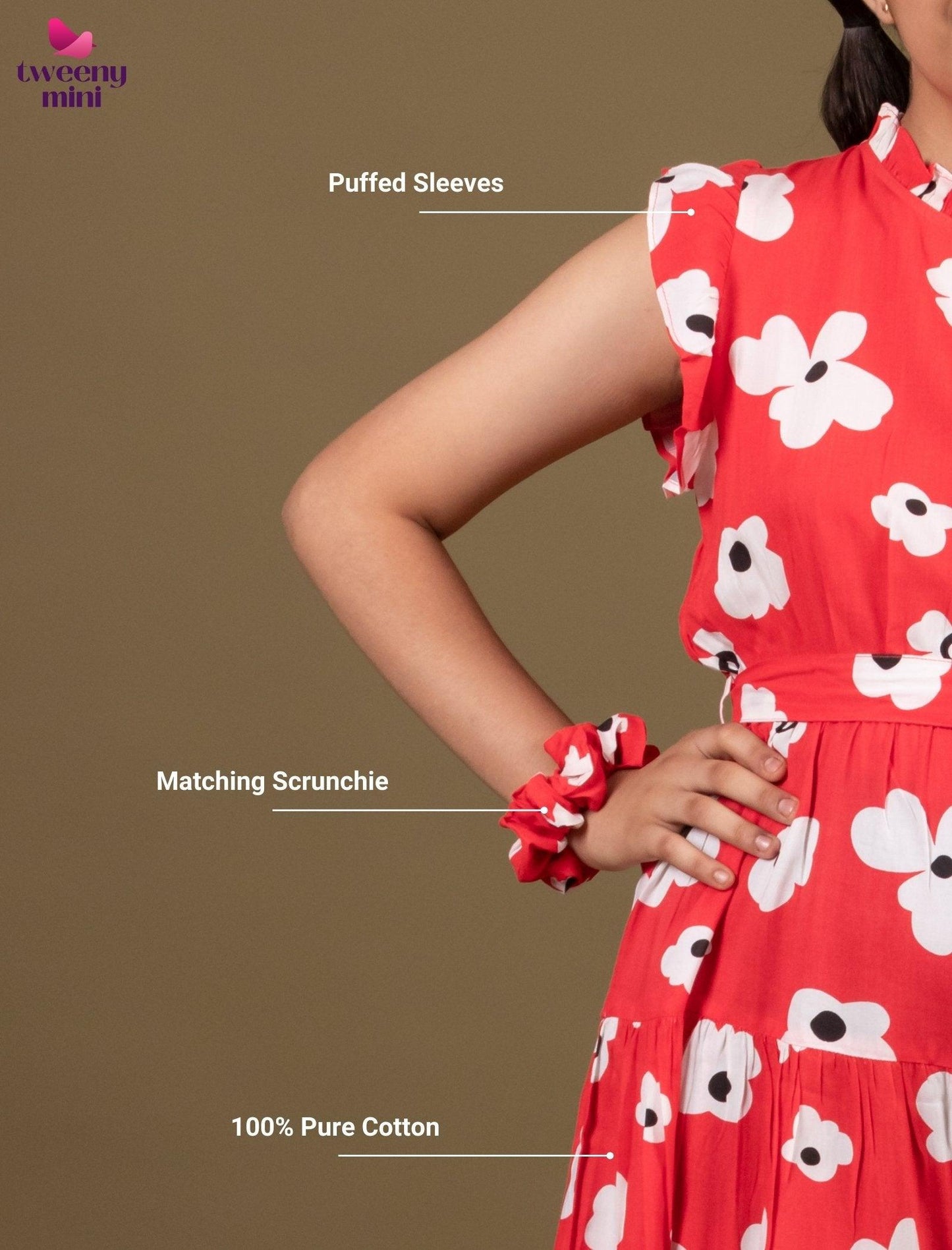 Classic Floral Dress for Girls Kids with Ruffled Sleeves (Red) - Tweeny Mini