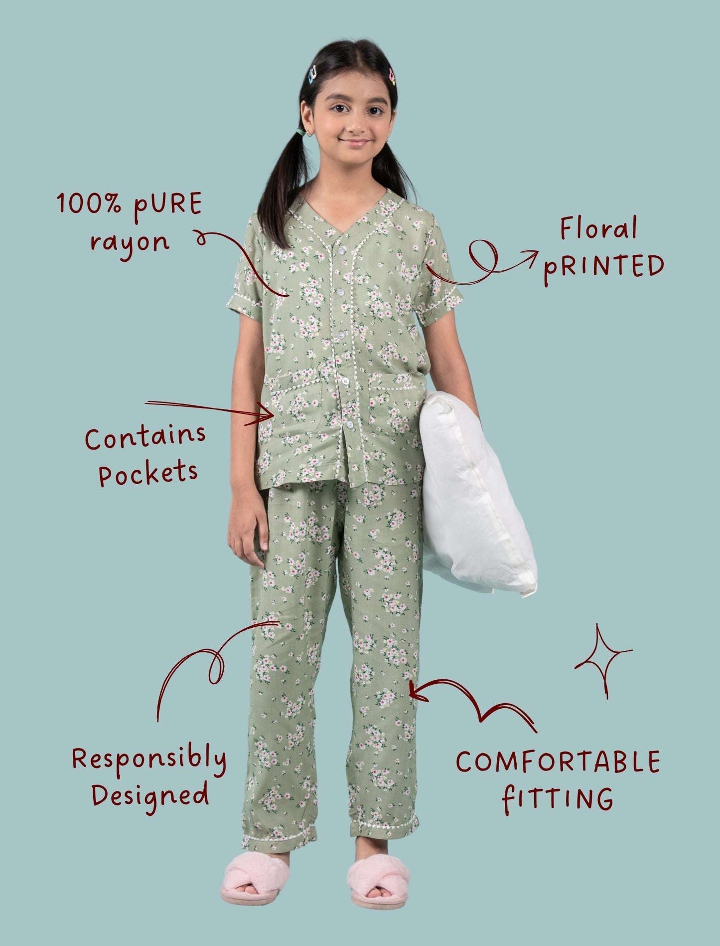 Pure Rayon Floral Night Dress for Girls Kids (Half Sleeve, Green) - Tweeny Mini