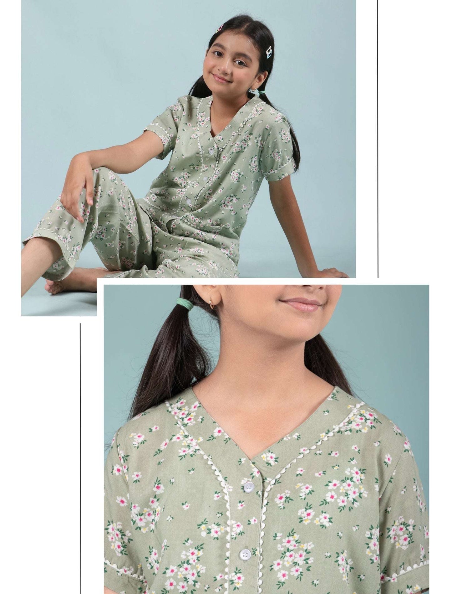 Pure Rayon Floral Night Dress for Girls Kids (Half Sleeve, Green) - Tweeny Mini