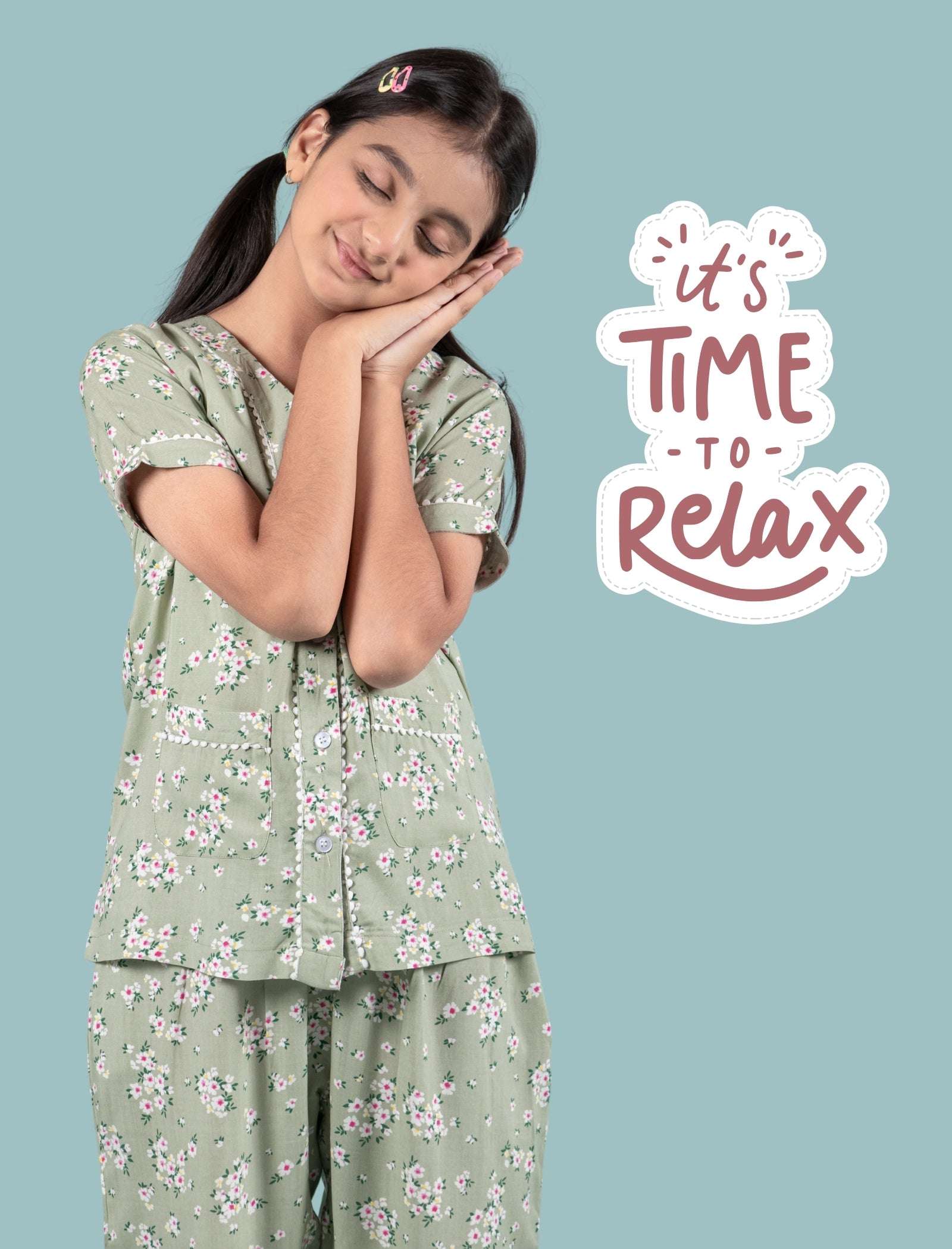 Pure Rayon Floral Night Dress for Girls Kids (Half Sleeve, Green) - Tweeny Mini