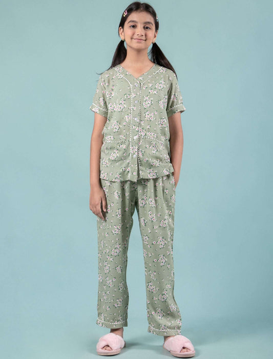 Pure Rayon Floral Night Dress for Girls Kids (Half Sleeve, Green) - Tweeny Mini