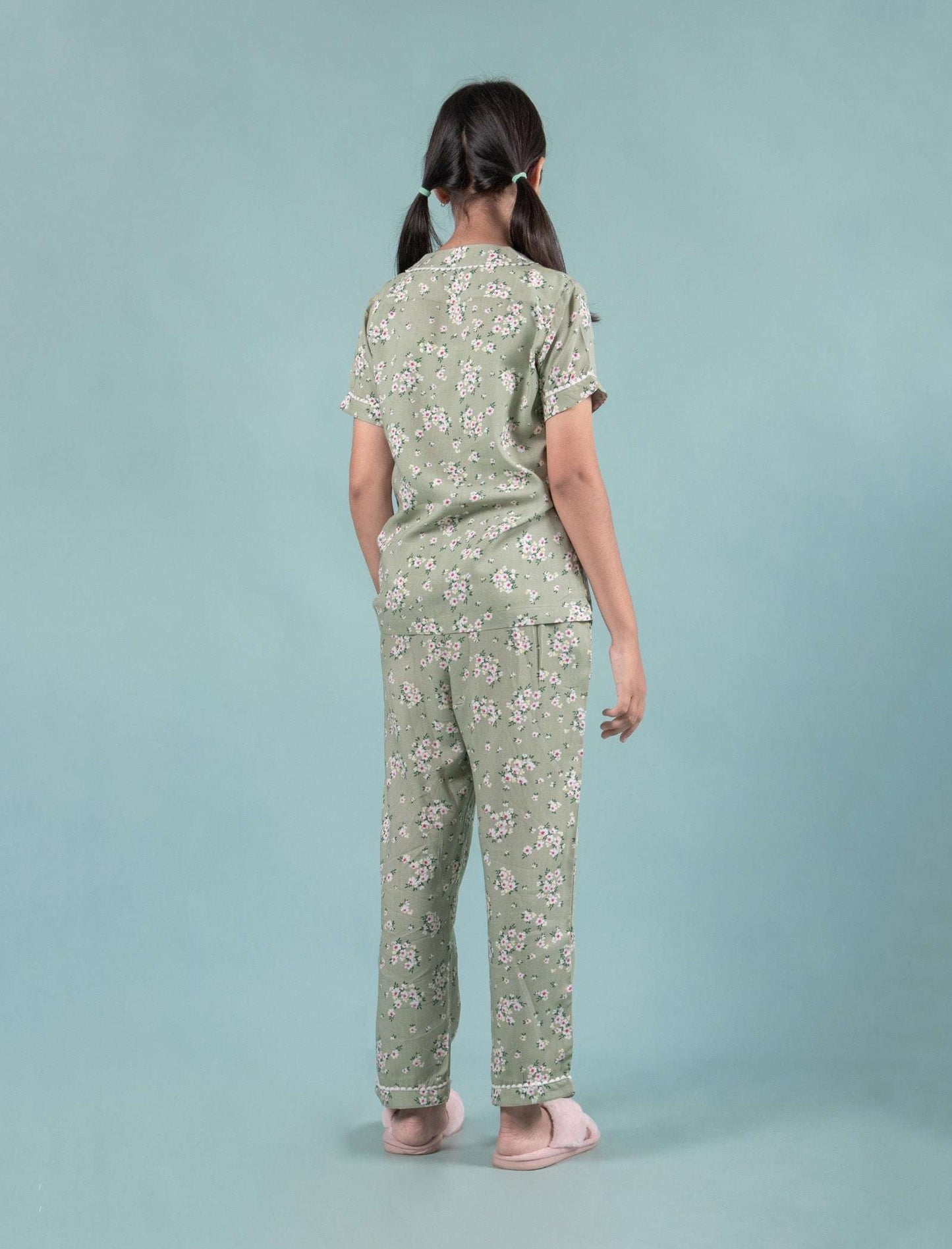 Pure Rayon Floral Night Dress for Girls Kids (Half Sleeve, Green) - Tweeny Mini