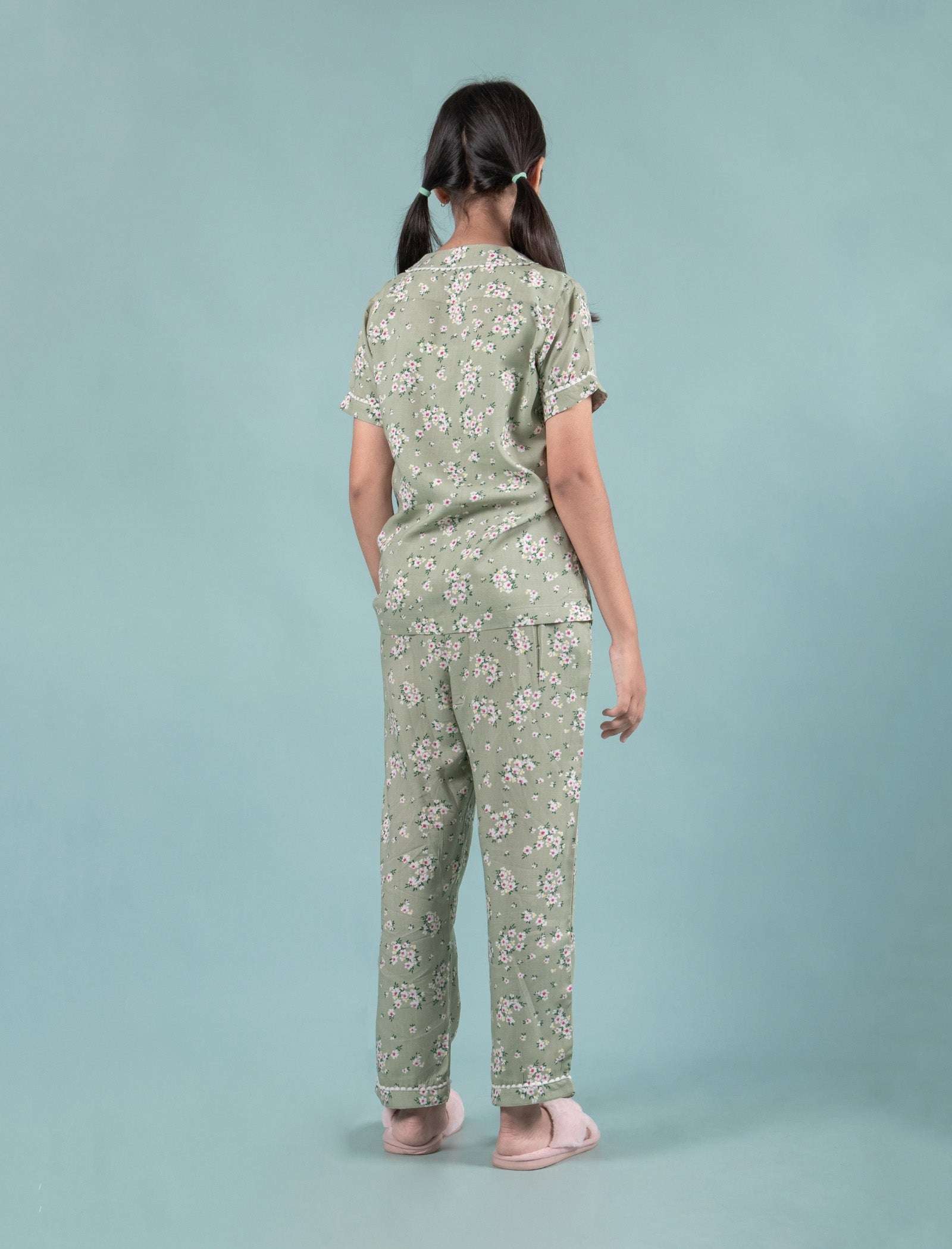 Pure Rayon Floral Night Dress for Girls Kids (Half Sleeve, Green) - Tweeny Mini