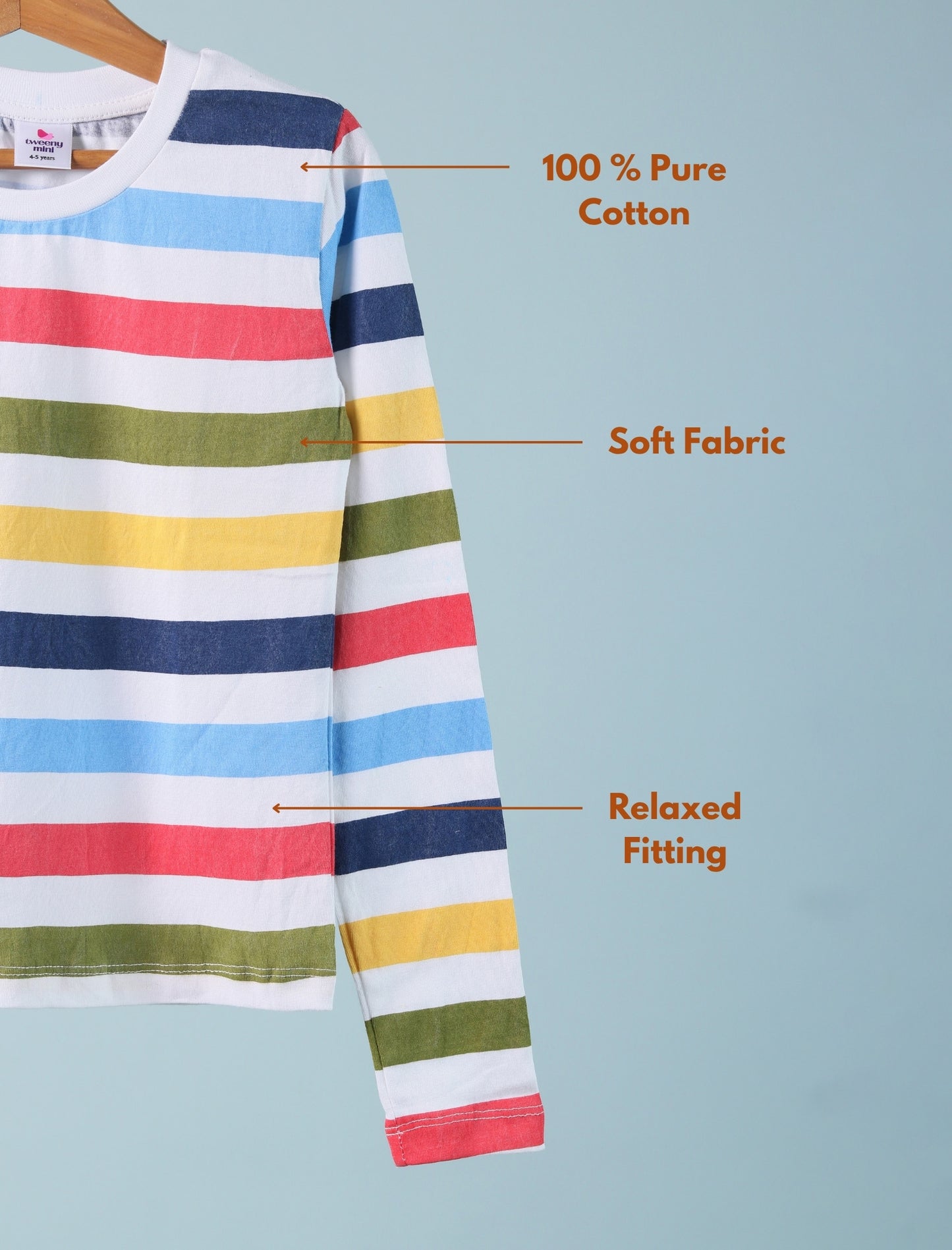 Colorful striped shirt on a hanger with text highlighting features on a light blue background