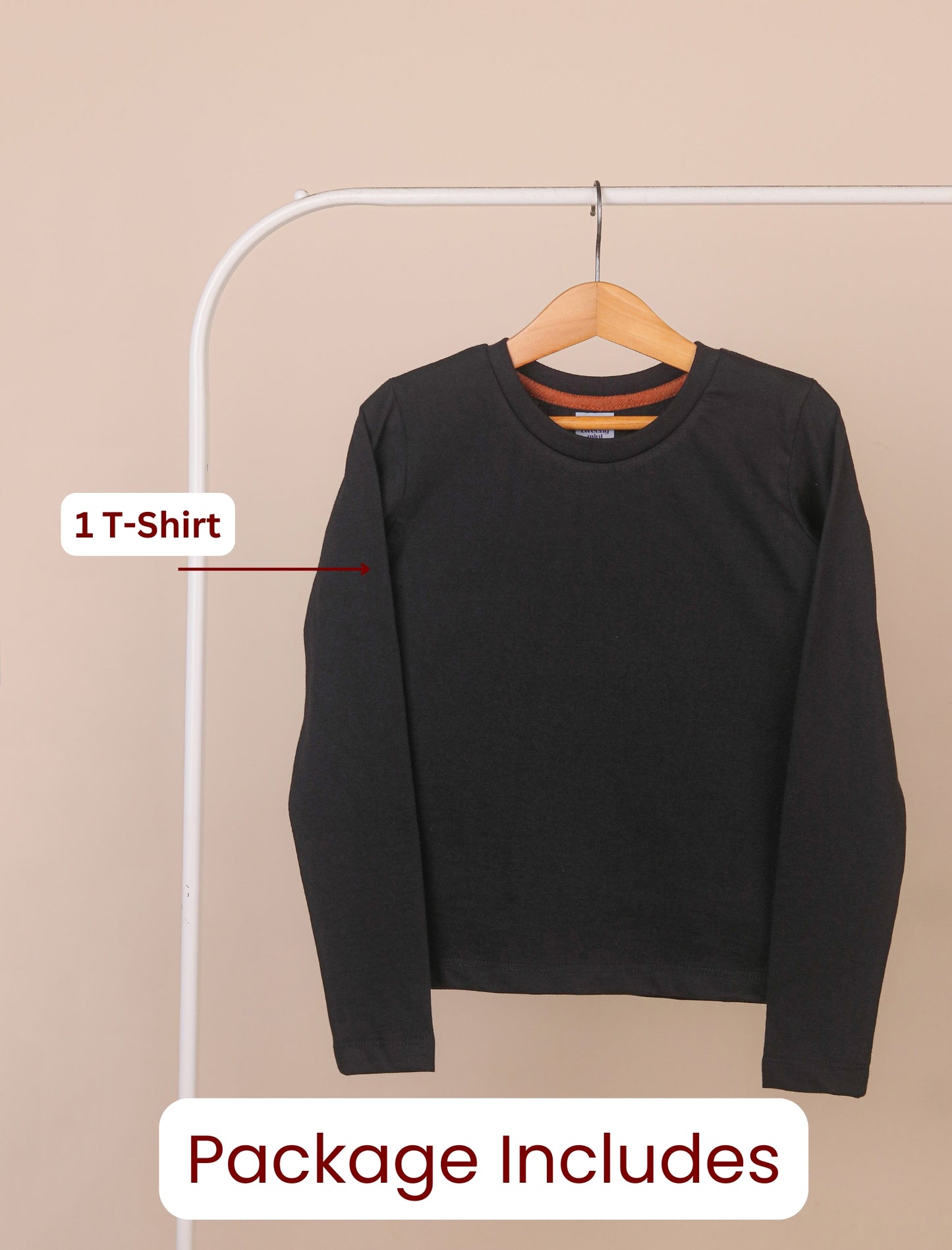 Black t-shirt on a hanger against a beige background with text indicating '1 T-Shirt' and 'Package Includes'.