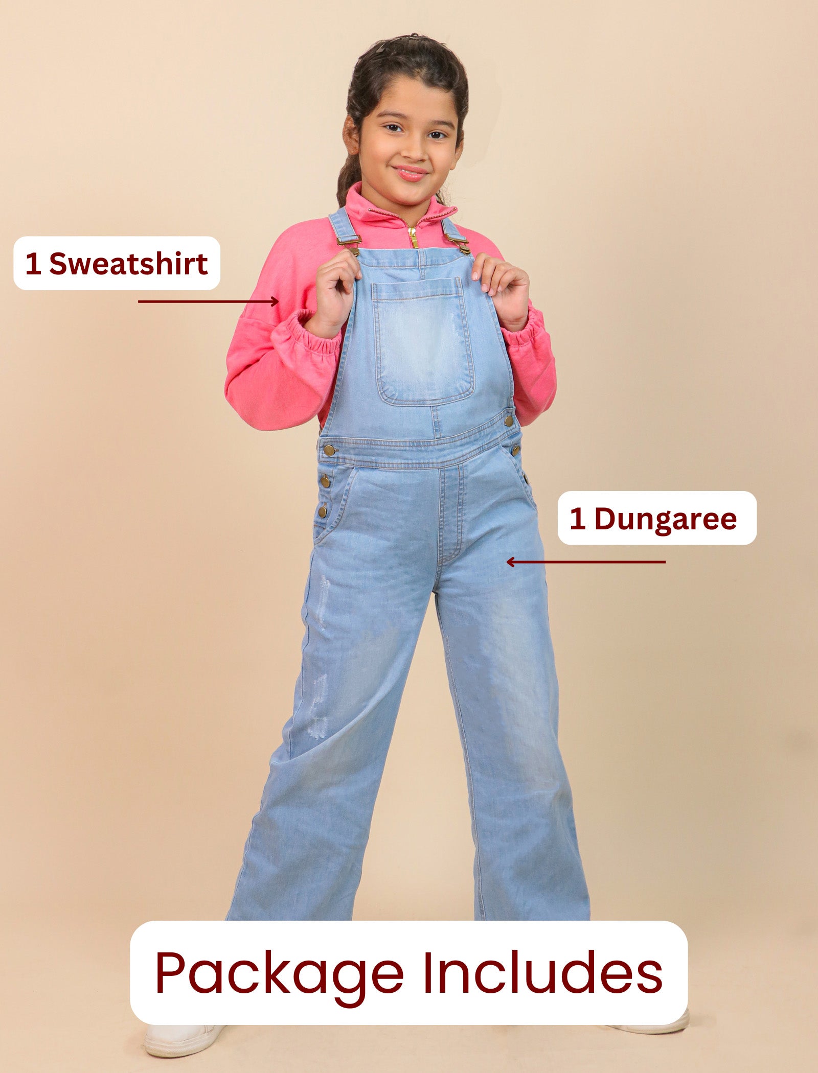 Girl wearing a pink sweatshirt and blue dungarees with text indicating the package contents on a beige background.
