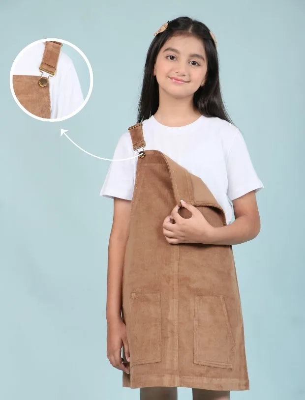 Girls Kids Classic Corduroy Pinafore Dress (Beige) without T Shirt-Tweeny Mini