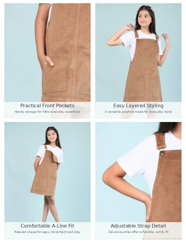 Girls Kids Classic Corduroy Pinafore Dress (Beige) without T Shirt-Tweeny Mini