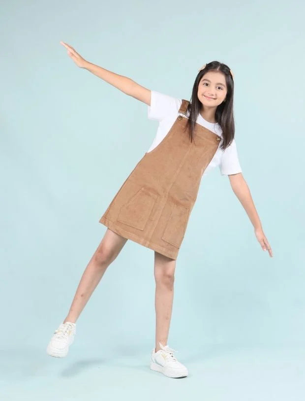 Girls Kids Classic Corduroy Pinafore Dress (Beige) without T Shirt-Tweeny Mini