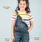 Girl wearing a striped t-shirt and denim overalls with text highlighting features.