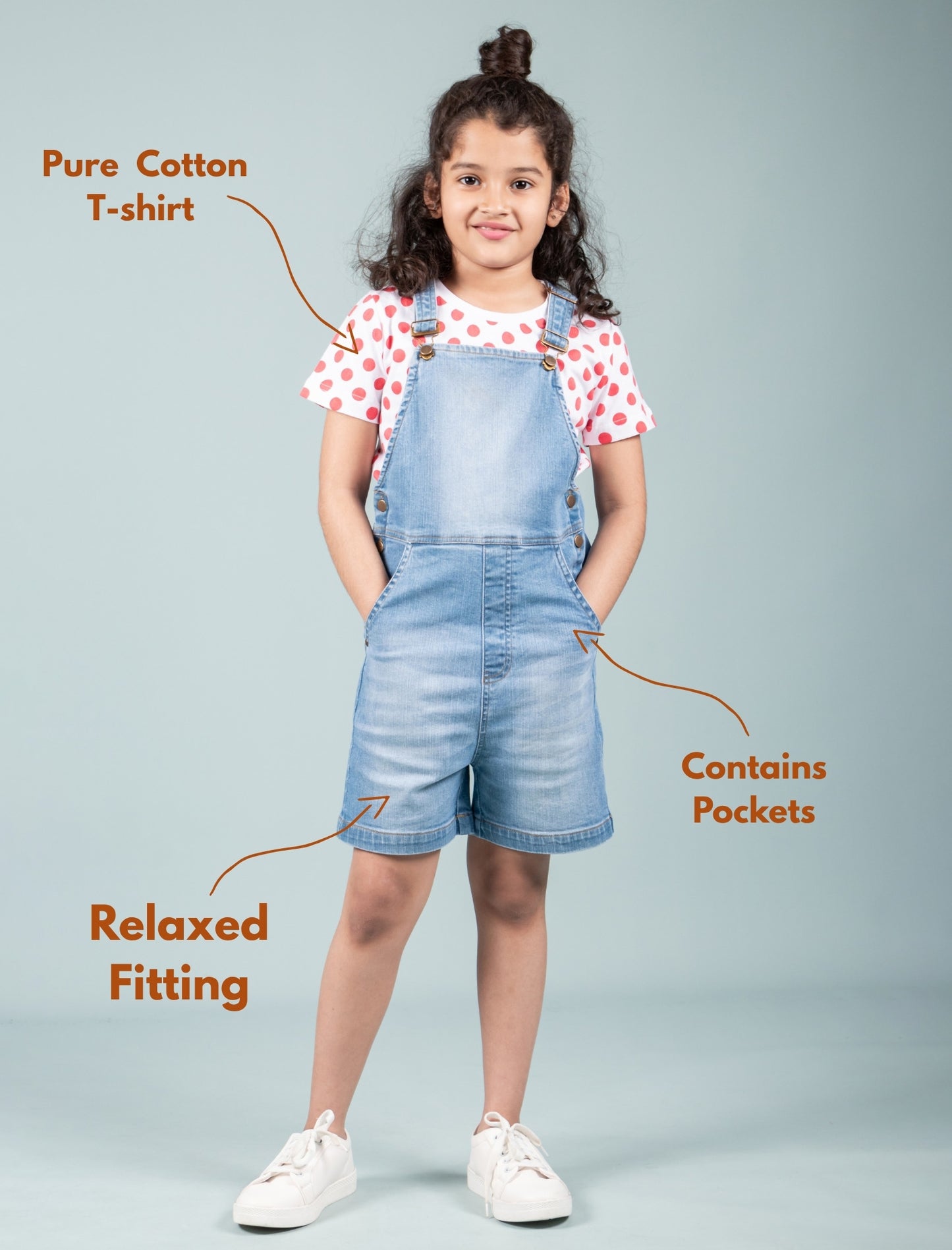 Girl wearing a denim overall dress with text highlighting features on a gray background