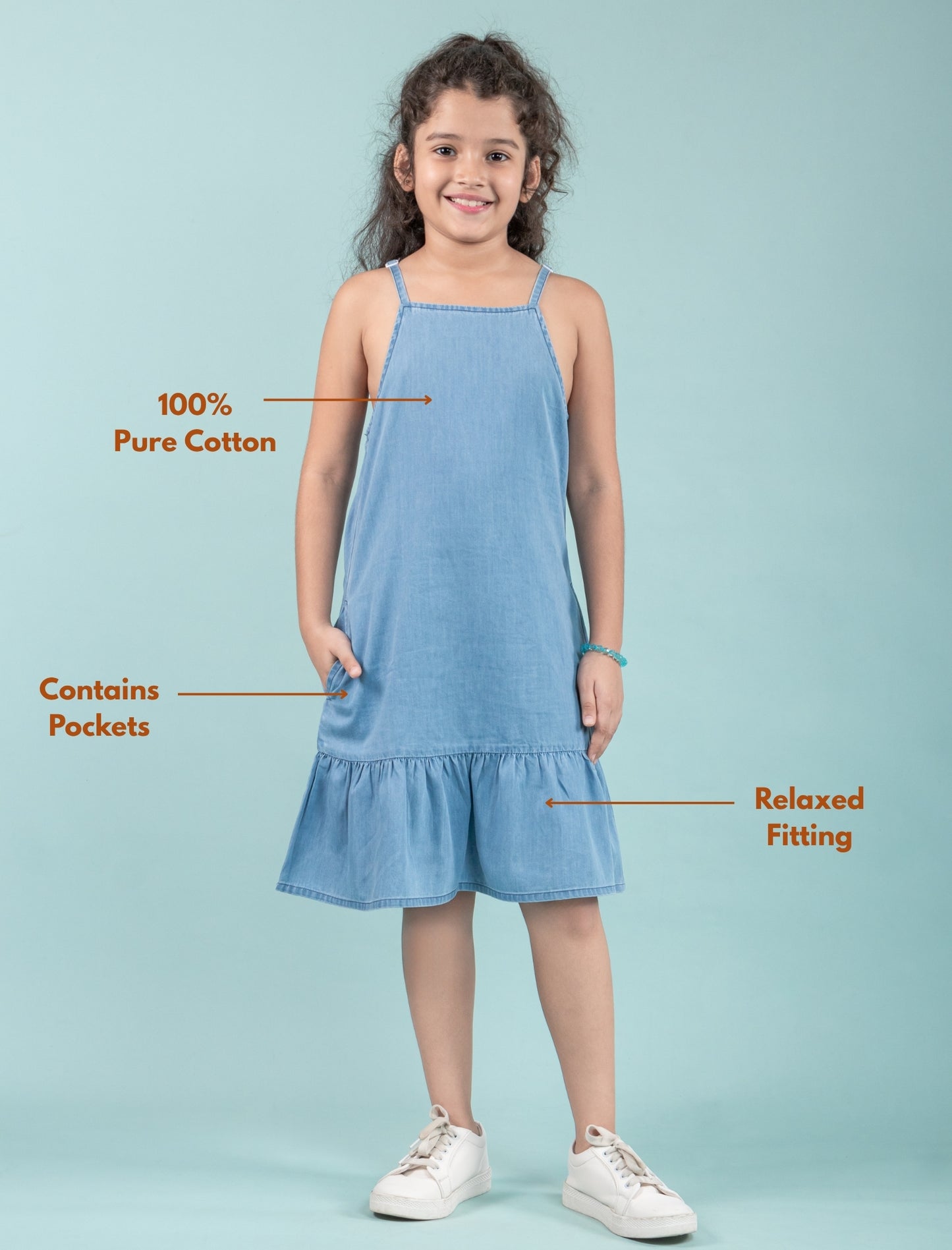 Girl wearing a blue dress with text highlighting features on a light blue background