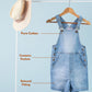 Blue denim overalls on a hanger with a straw hat on a stand against a light blue background.