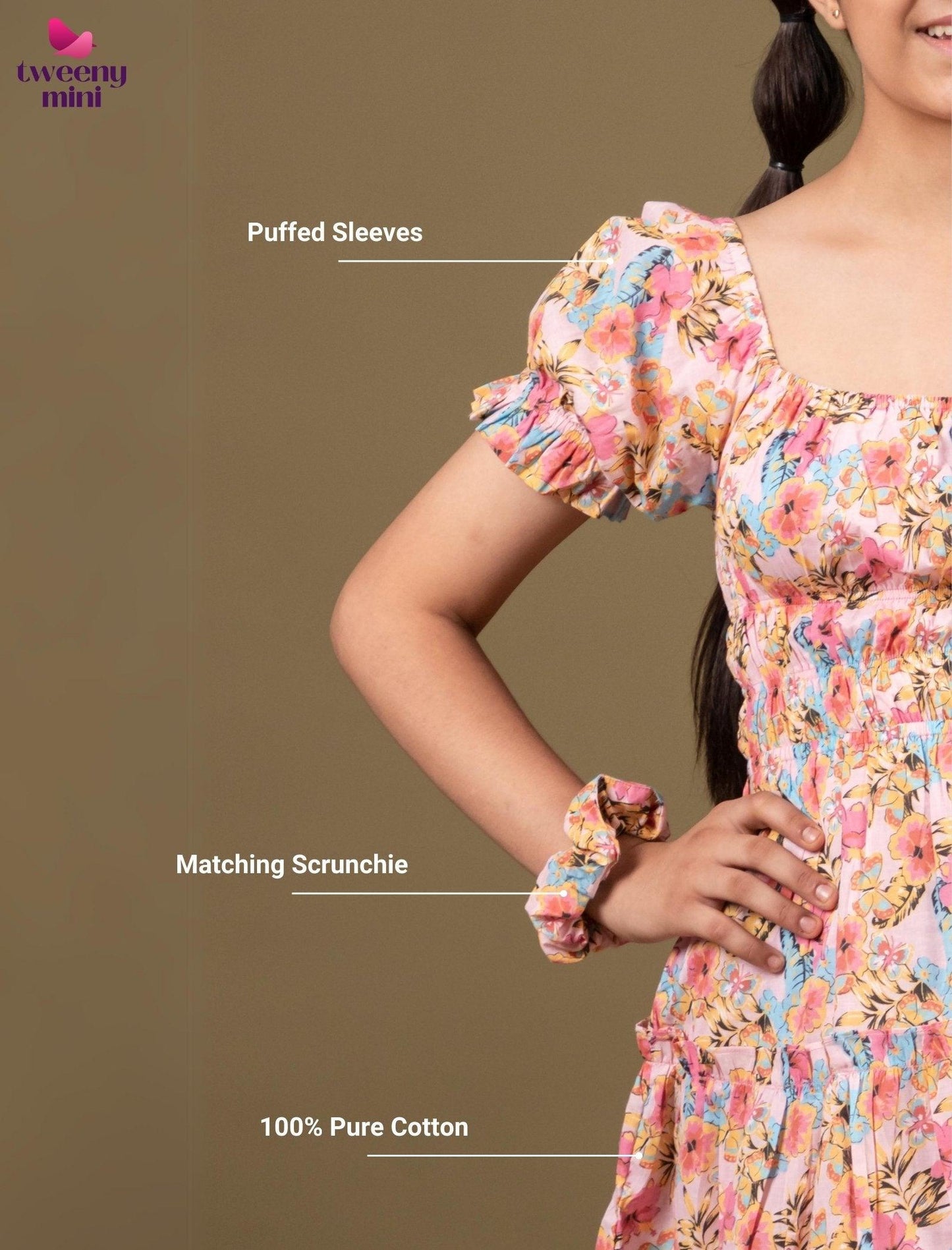 Classic Smocked Girls Kids Floral Dress with Puffed Sleeves (Peach) - Tweeny Mini