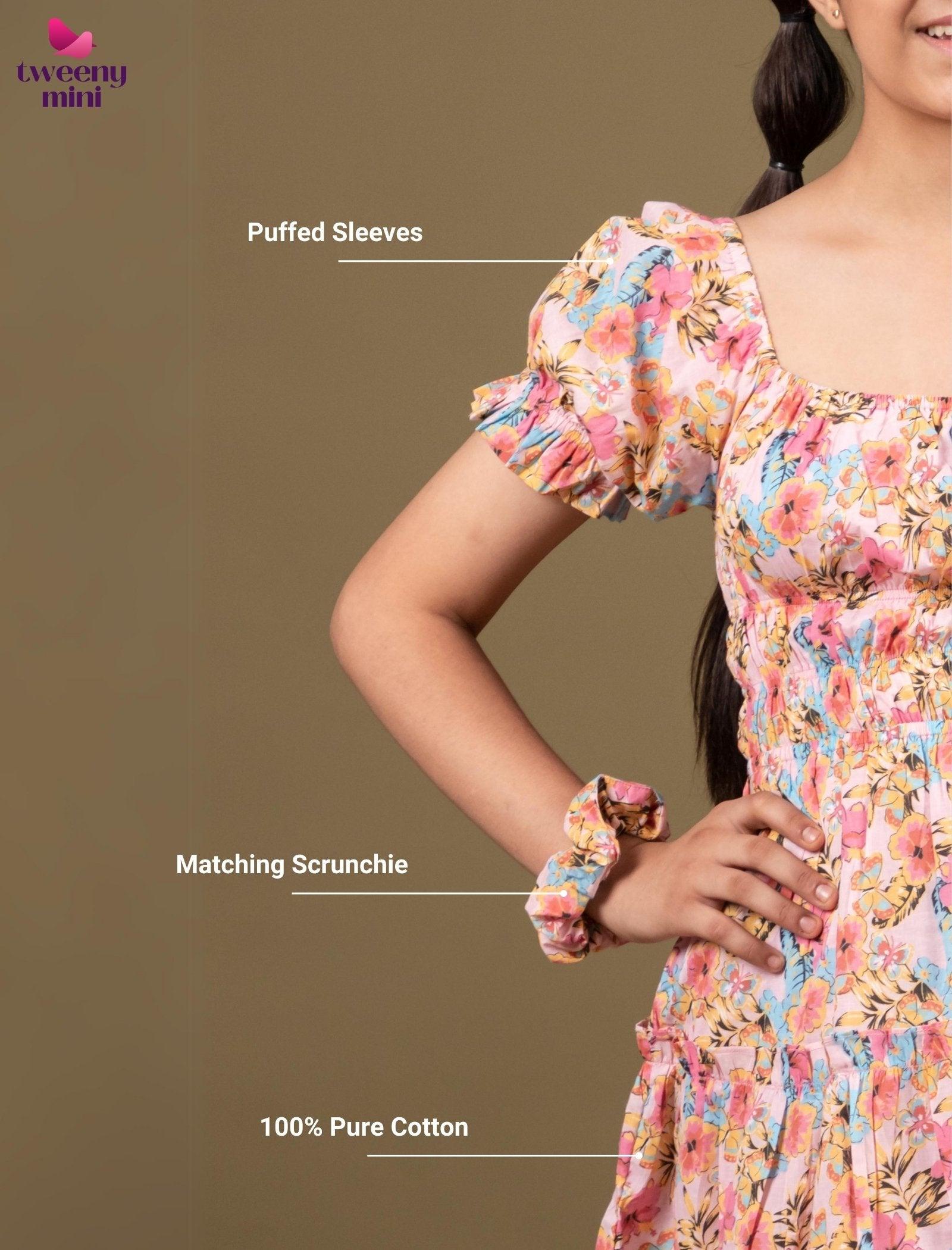 Classic Smocked Girls Kids Floral Dress with Puffed Sleeves (Peach) - Tweeny Mini