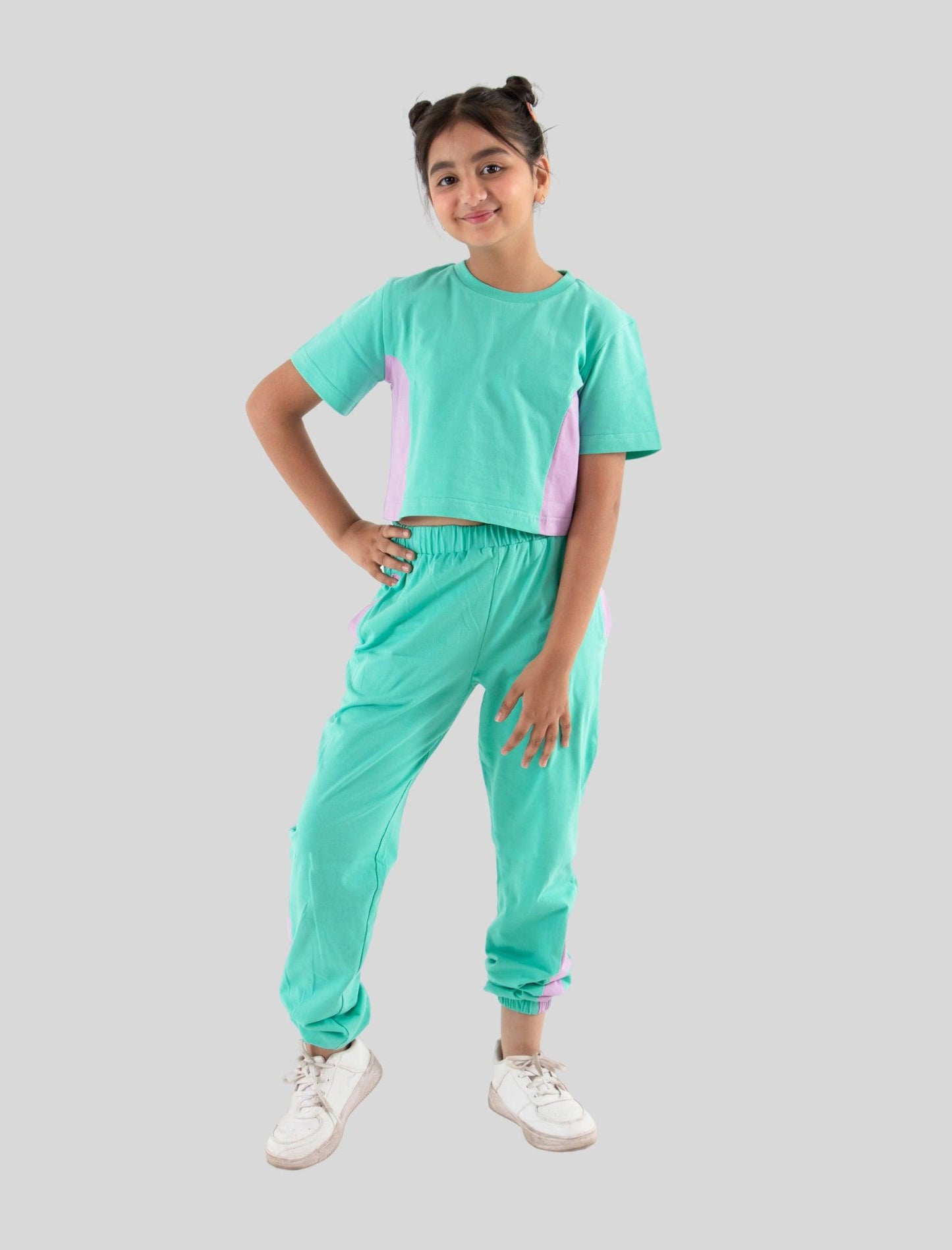 Trendy Colour Block Girls Cotton Joggers Set (Sea Green) - Tweeny Mini
