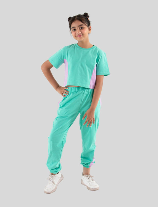 Trendy Colour Block Girls Cotton Joggers Set (Sea Green) - Tweeny Mini