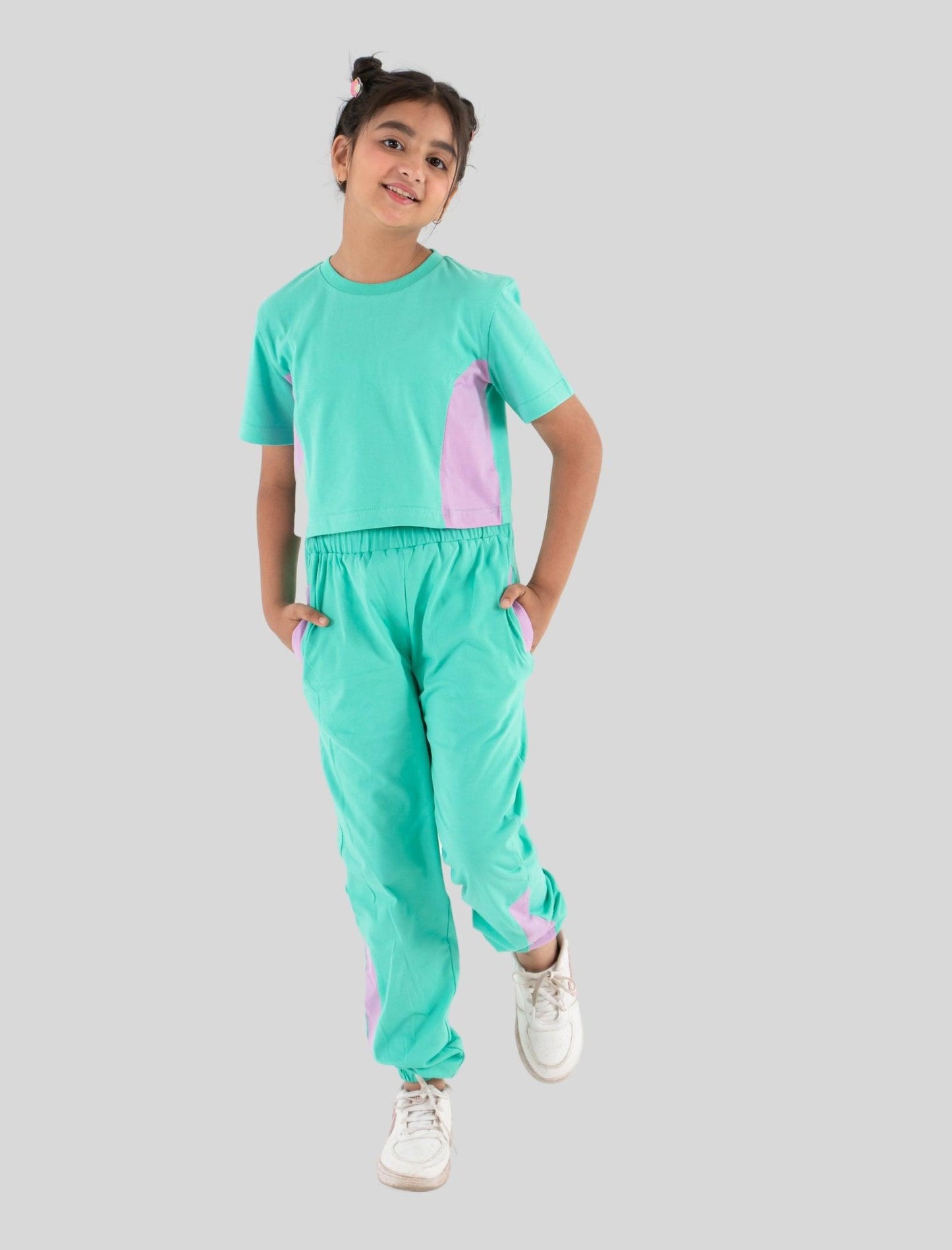 Trendy Colour Block Girls Cotton Joggers Set (Sea Green) - Tweeny Mini