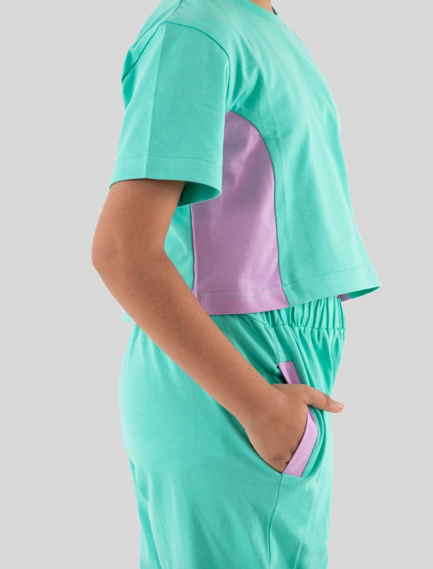 Trendy Colour Block Girls Cotton Joggers Set (Sea Green) - Tweeny Mini