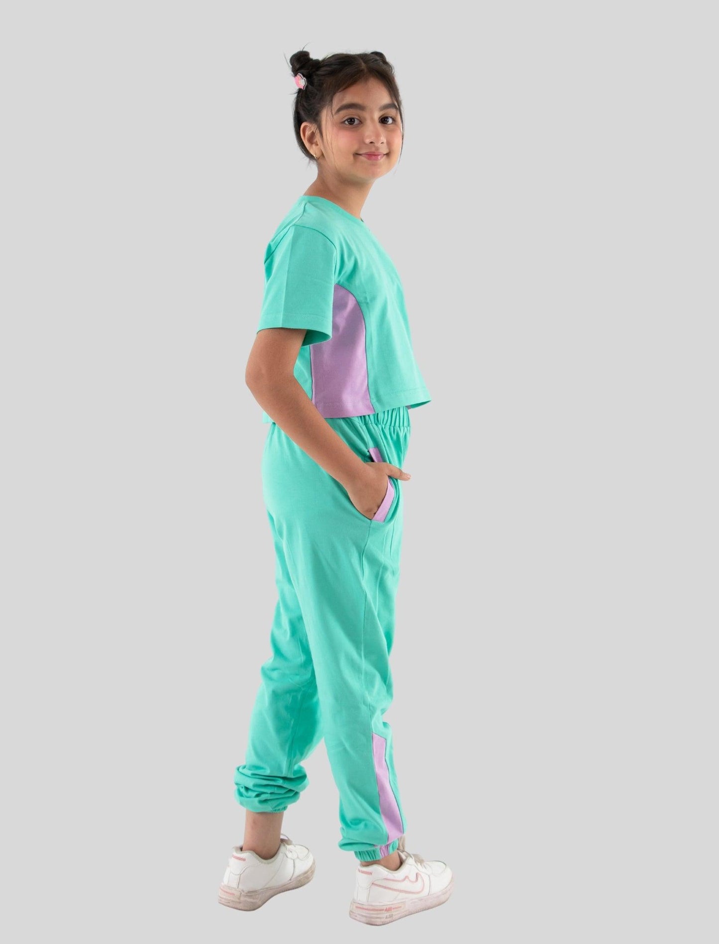 Trendy Colour Block Girls Cotton Joggers Set (Sea Green) - Tweeny Mini