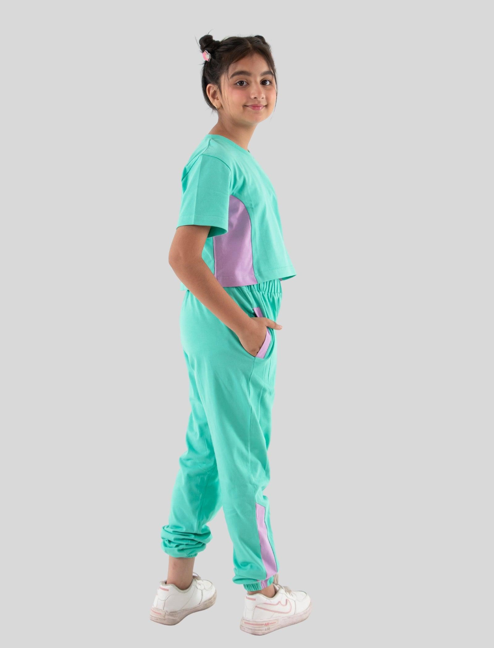 Trendy Colour Block Girls Cotton Joggers Set (Sea Green) - Tweeny Mini