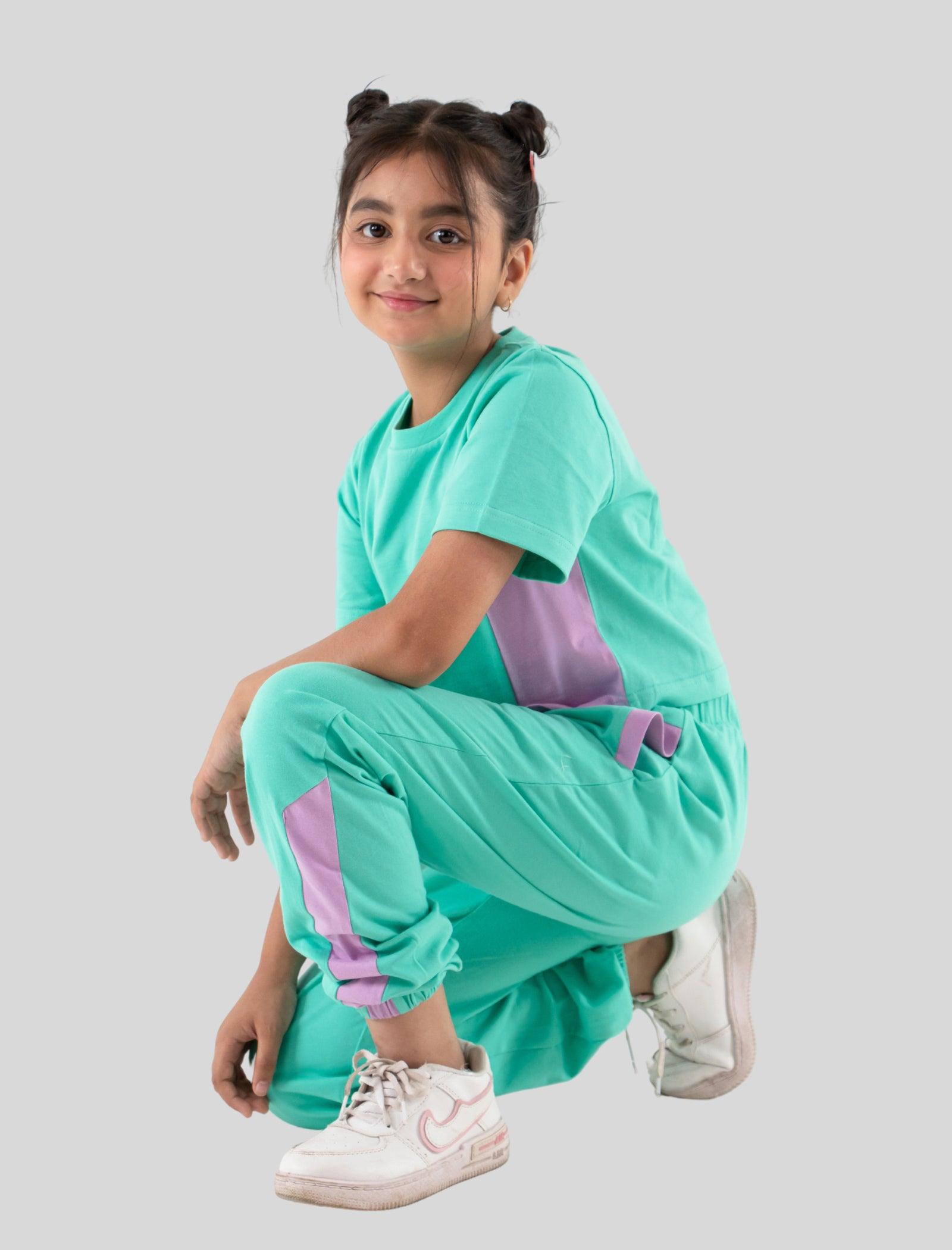 Trendy Colour Block Girls Cotton Joggers Set (Sea Green) - Tweeny Mini