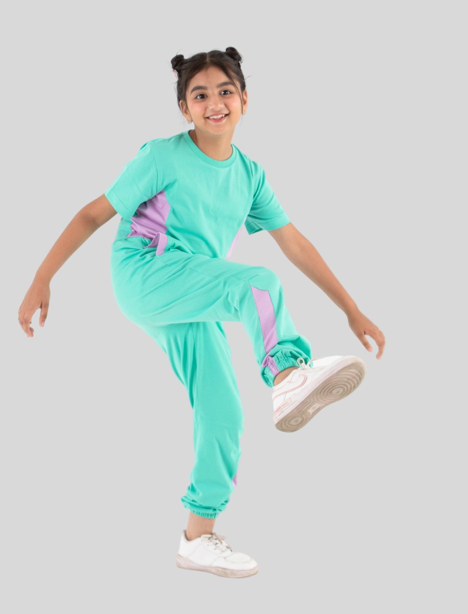 Trendy Colour Block Girls Cotton Joggers Set (Sea Green) - Tweeny Mini
