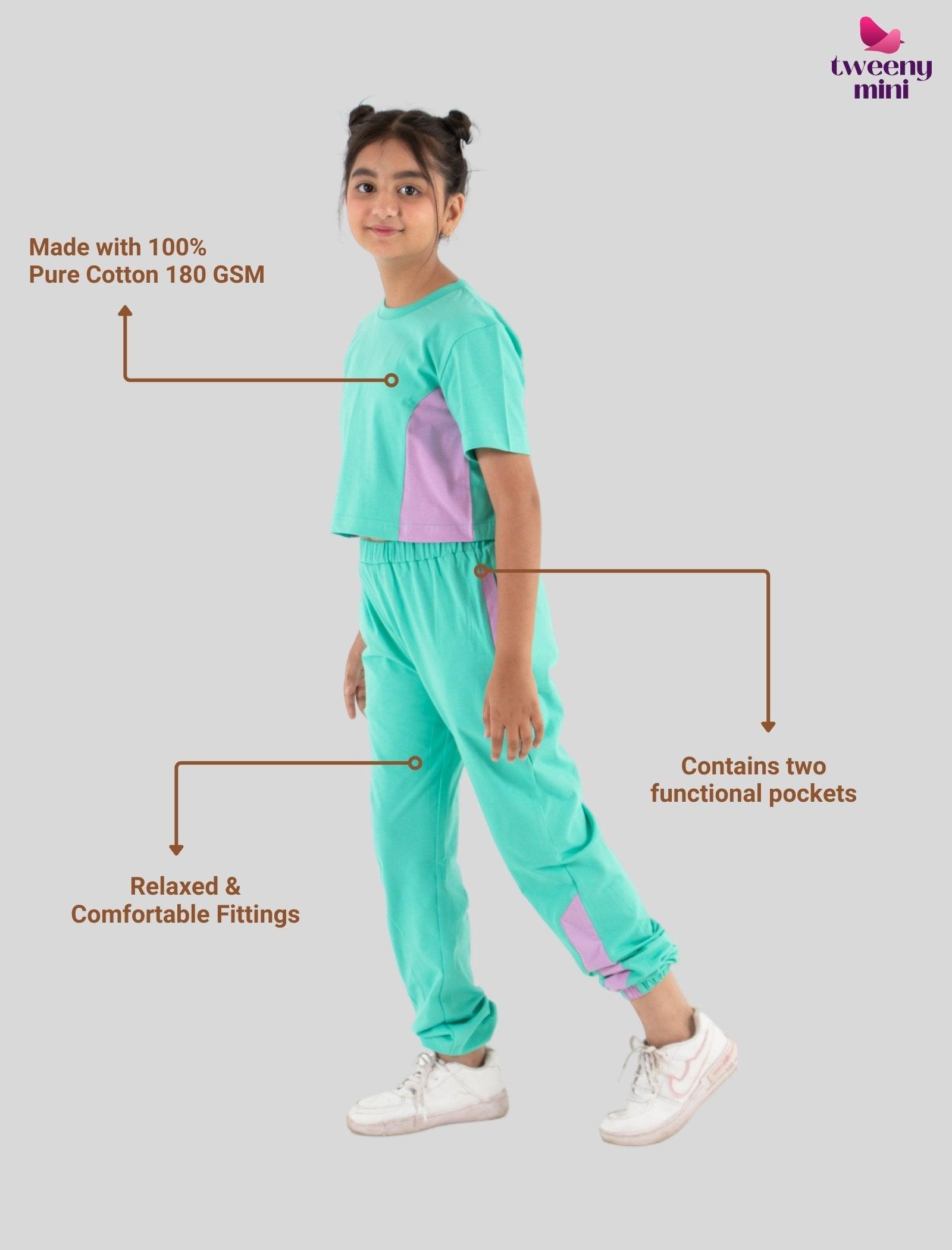 Trendy Colour Block Girls Cotton Joggers Set (Sea Green) - Tweeny Mini