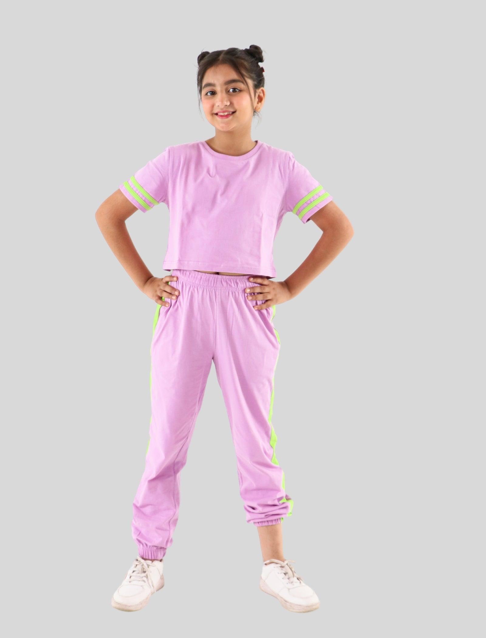 Summer Stylish Colour Block Kids Girls Joggers Set With Crop Top (Purple) - Tweeny Mini
