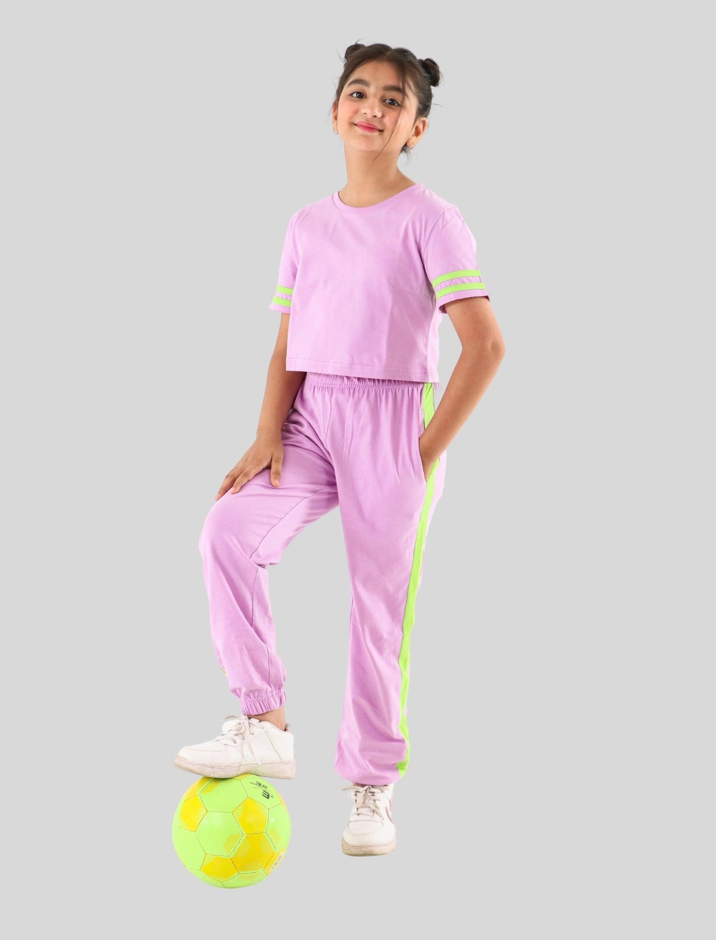 Summer Stylish Colour Block Kids Girls Joggers Set With Crop Top (Purple) - Tweeny Mini