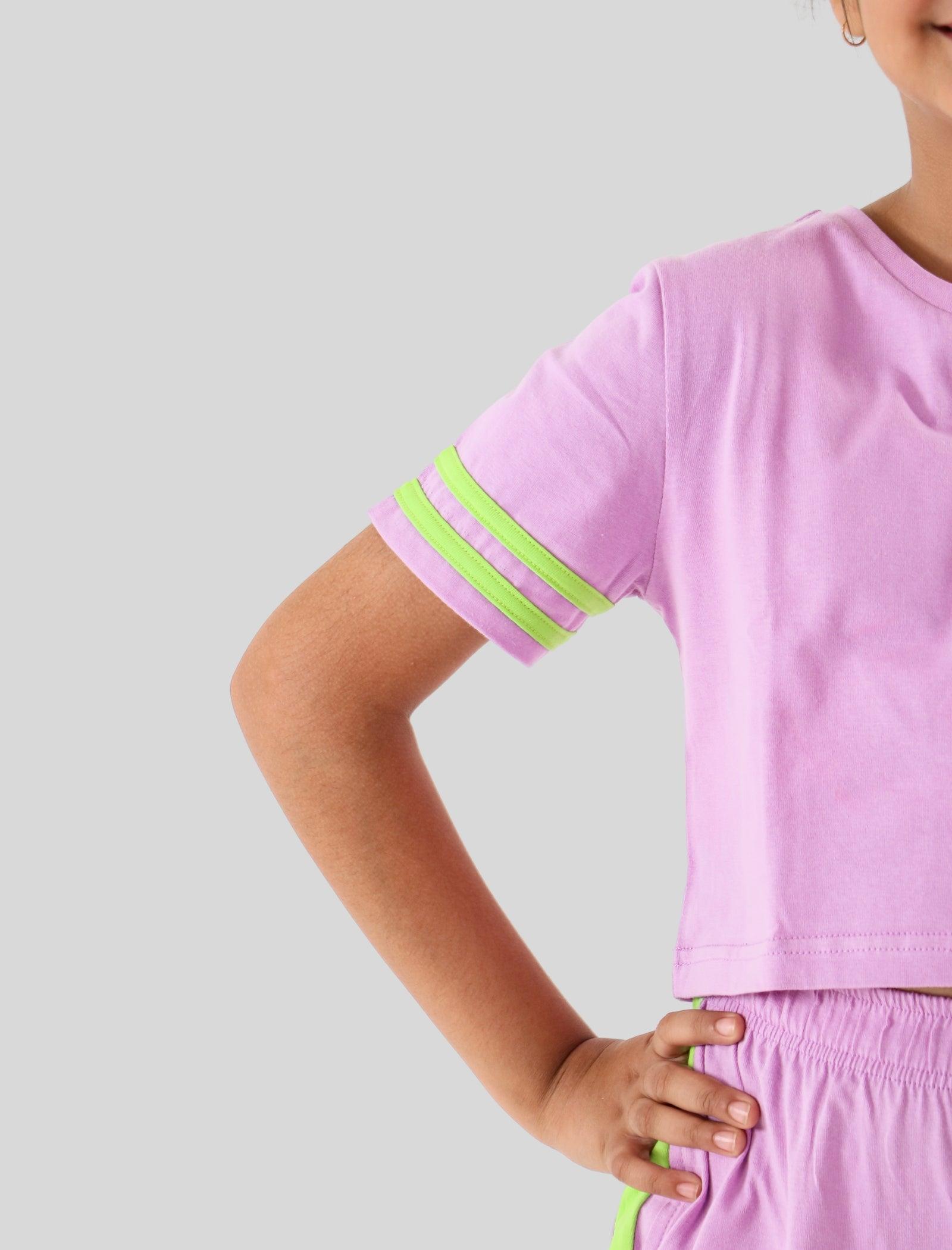 Summer Stylish Colour Block Kids Girls Joggers Set With Crop Top (Purple) - Tweeny Mini