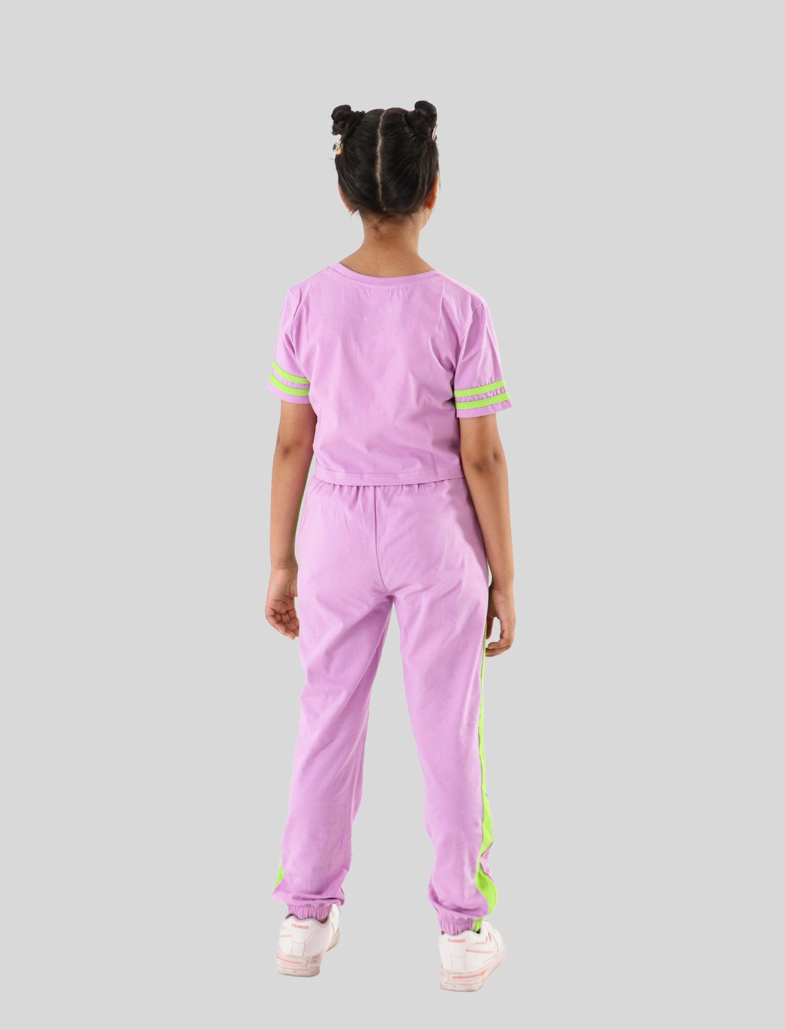 Summer Stylish Colour Block Kids Girls Joggers Set With Crop Top (Purple) - Tweeny Mini