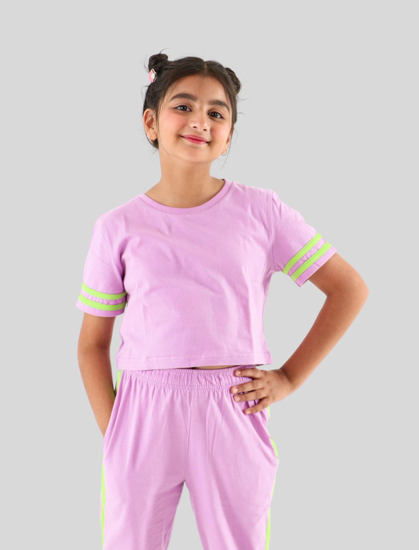 Summer Stylish Colour Block Kids Girls Joggers Set With Crop Top (Purple) - Tweeny Mini