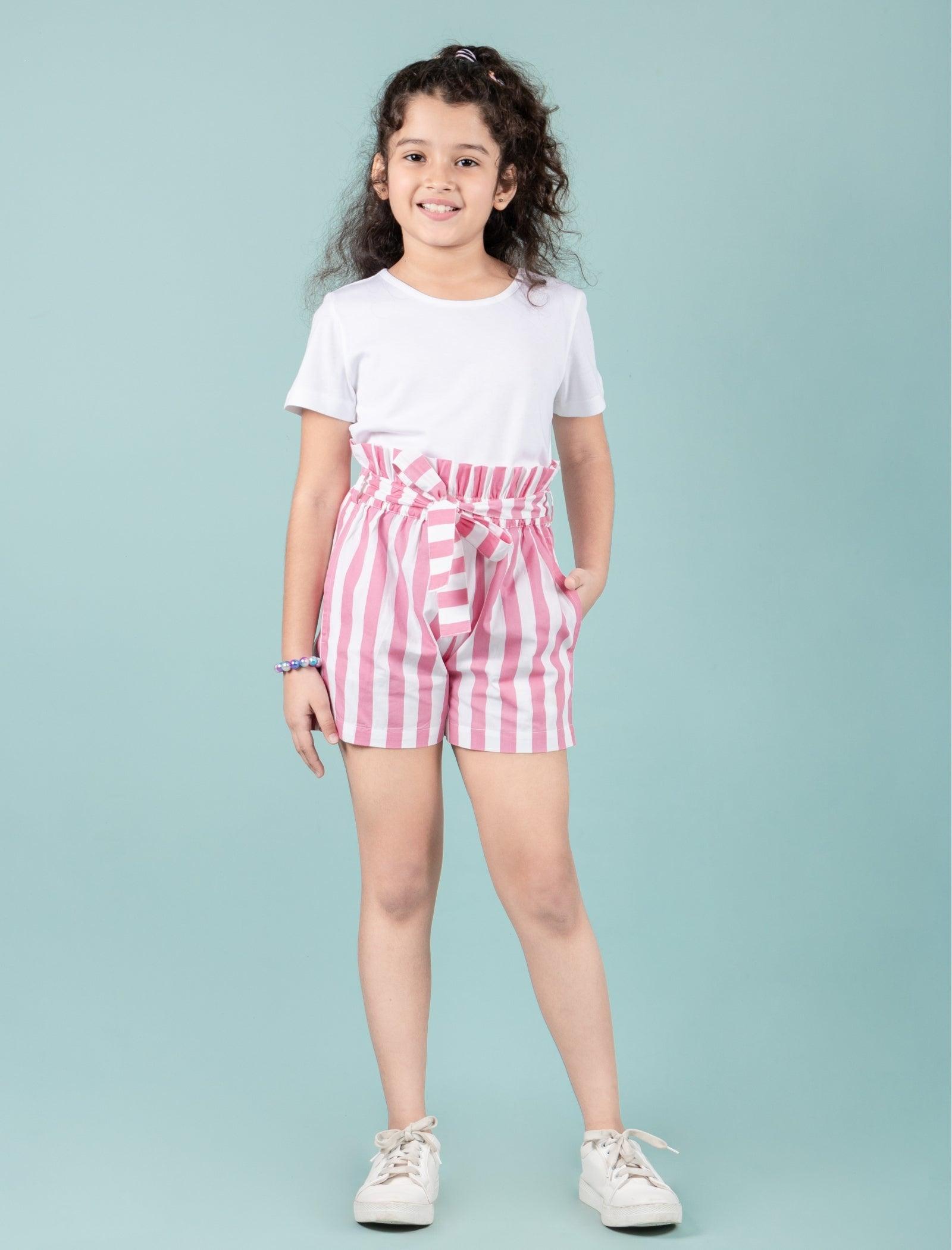 Summer Pure Cotton Kids Girls Striped Shorts (Pink) - Tweeny Mini