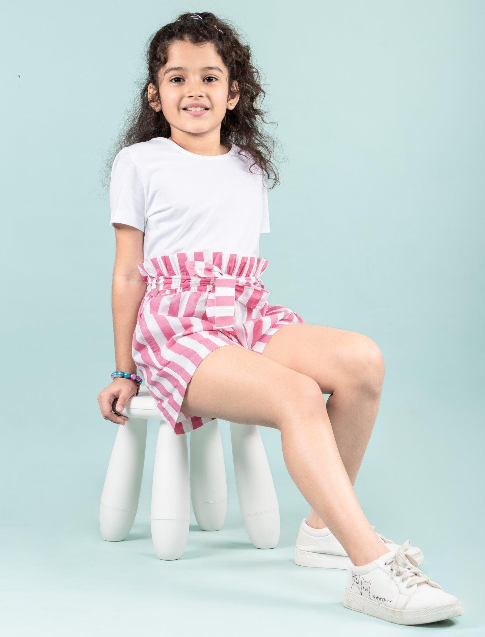 Summer Pure Cotton Kids Girls Striped Shorts (Pink) - Tweeny Mini