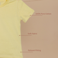 Yellow t-shirt on a beige background with text indicating features like 100% pure cotton, soft fabric, and relaxed fitting.