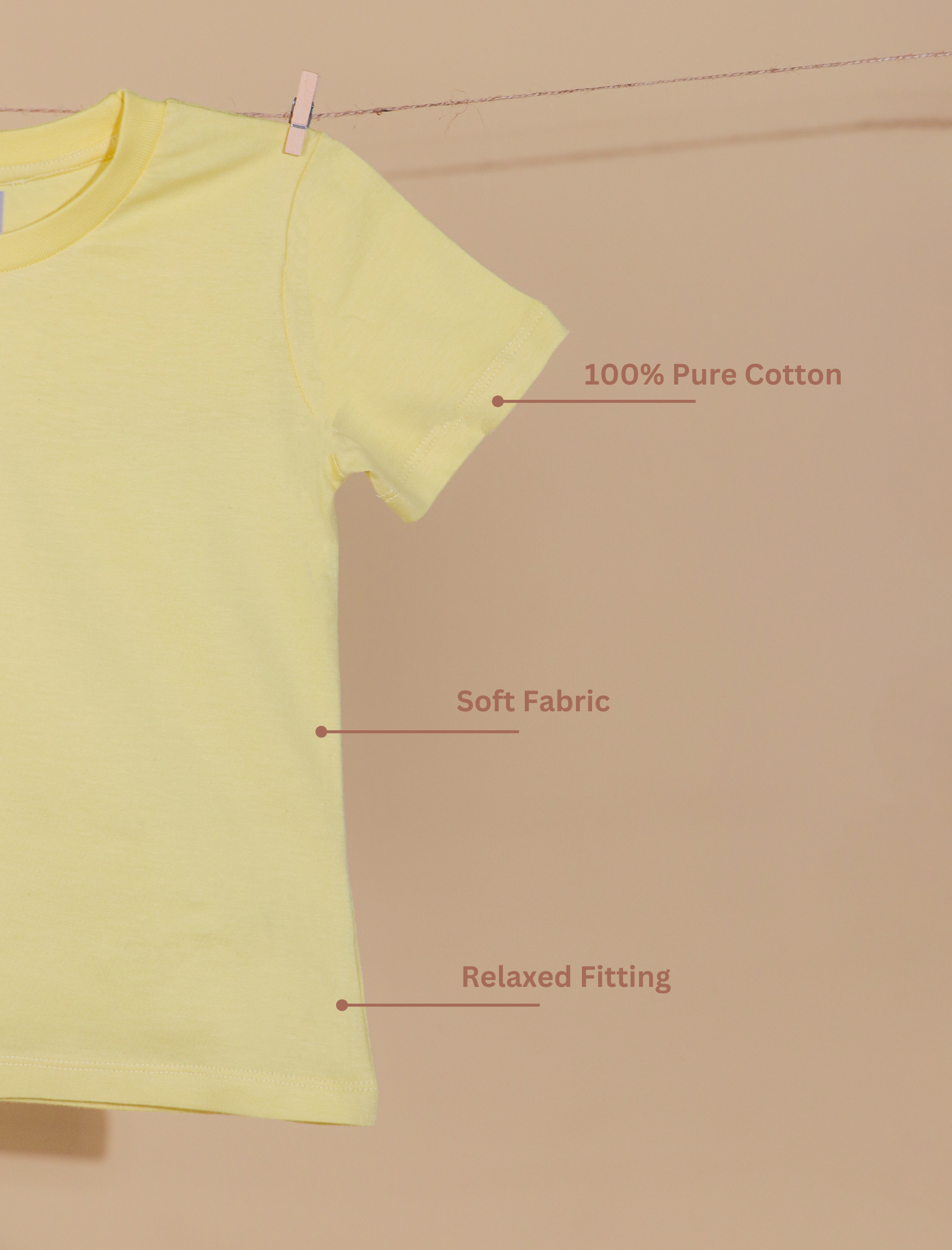 Yellow t-shirt on a beige background with text indicating features like 100% pure cotton, soft fabric, and relaxed fitting.