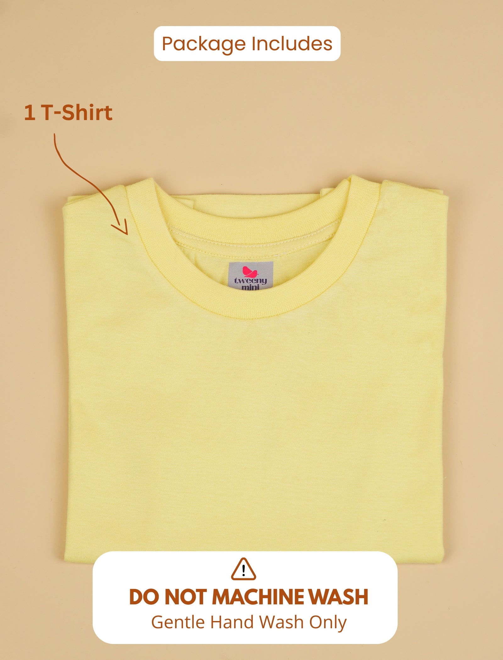 Yellow t-shirt with a label on a beige background, indicating 'Do Not Machine Wash' and 'Gentle Hand Wash Only'.