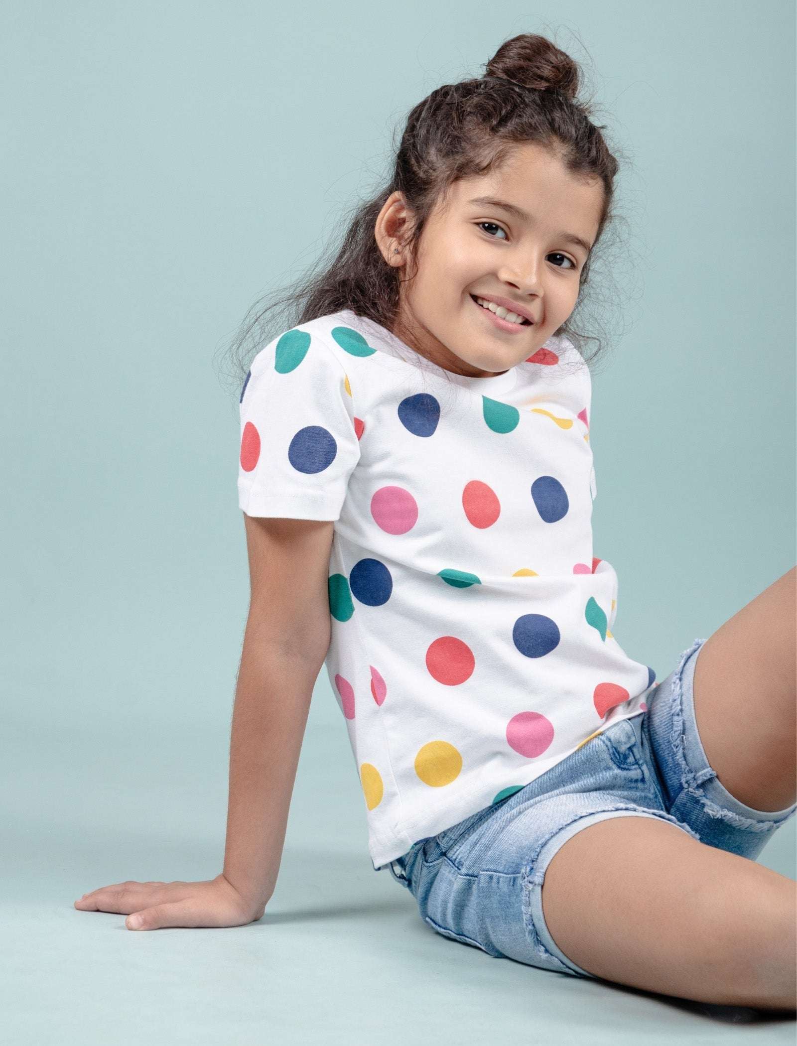Girls Kids Hand Printed Half Sleeve Cotton T-Shirt (Multi Polka Dot) - Tweeny Mini