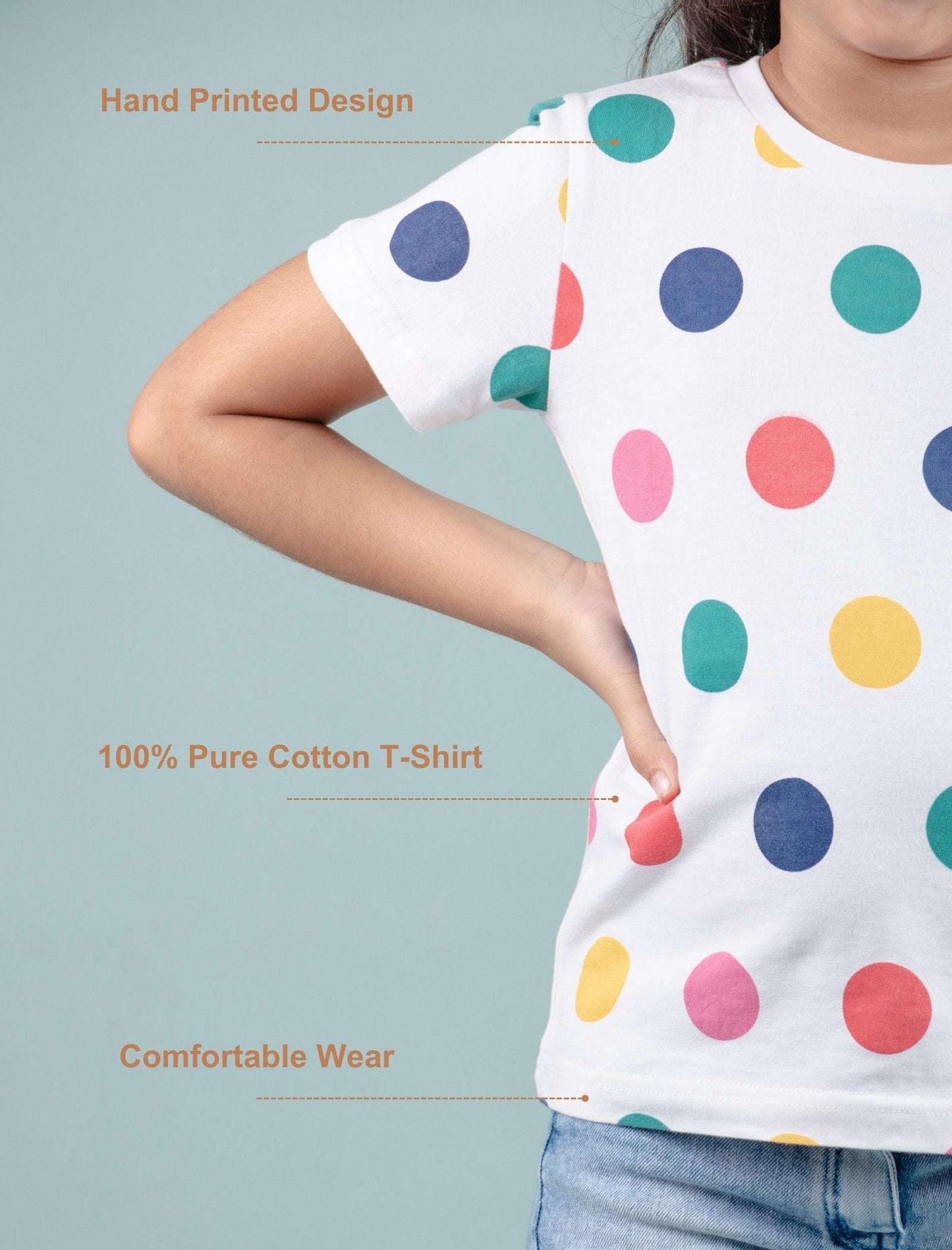 Girls Kids Hand Printed Half Sleeve Cotton T-Shirt (Multi Polka Dot) - Tweeny Mini