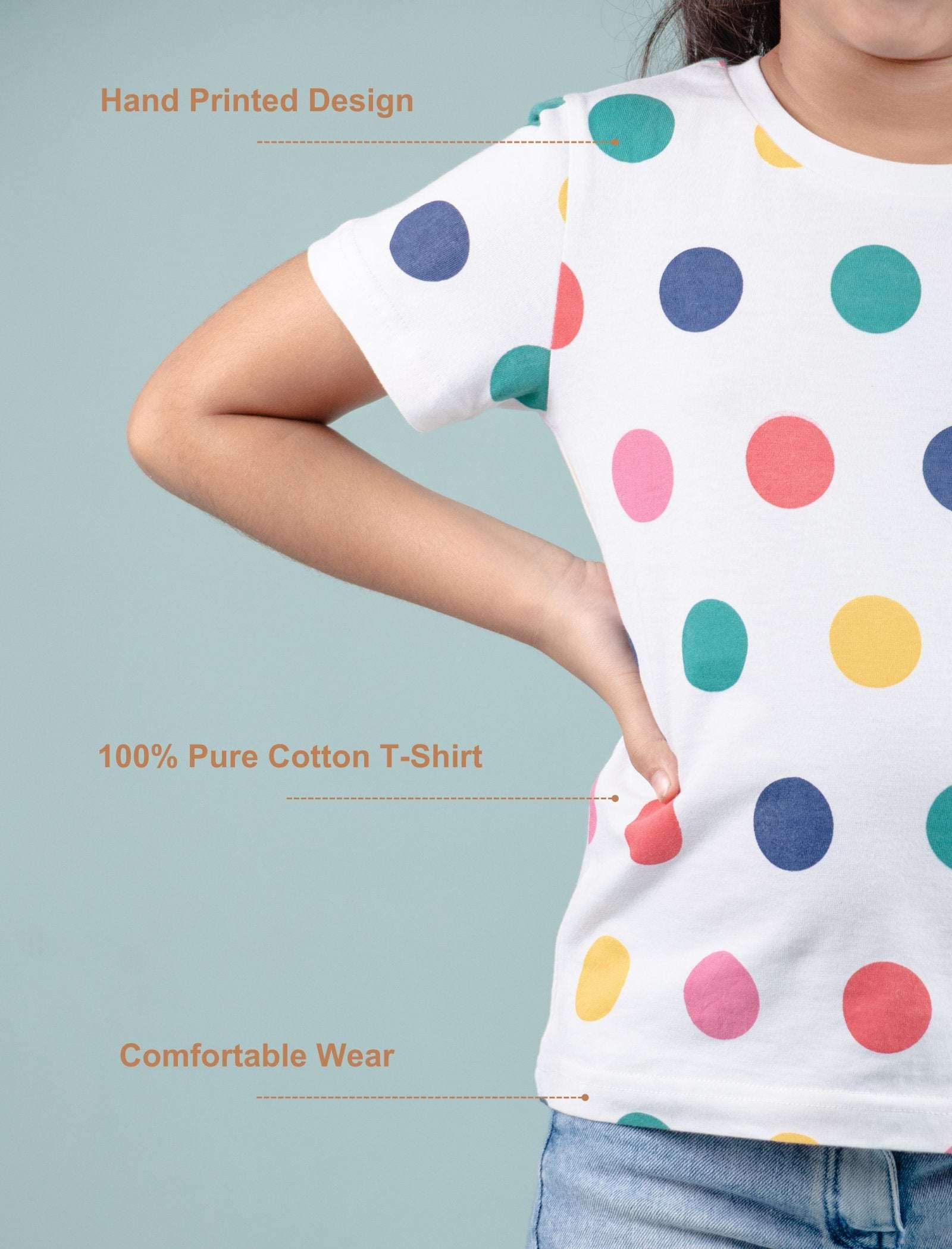 Girls Kids Hand Printed Half Sleeve Cotton T-Shirt (Multi Polka Dot) - Tweeny Mini