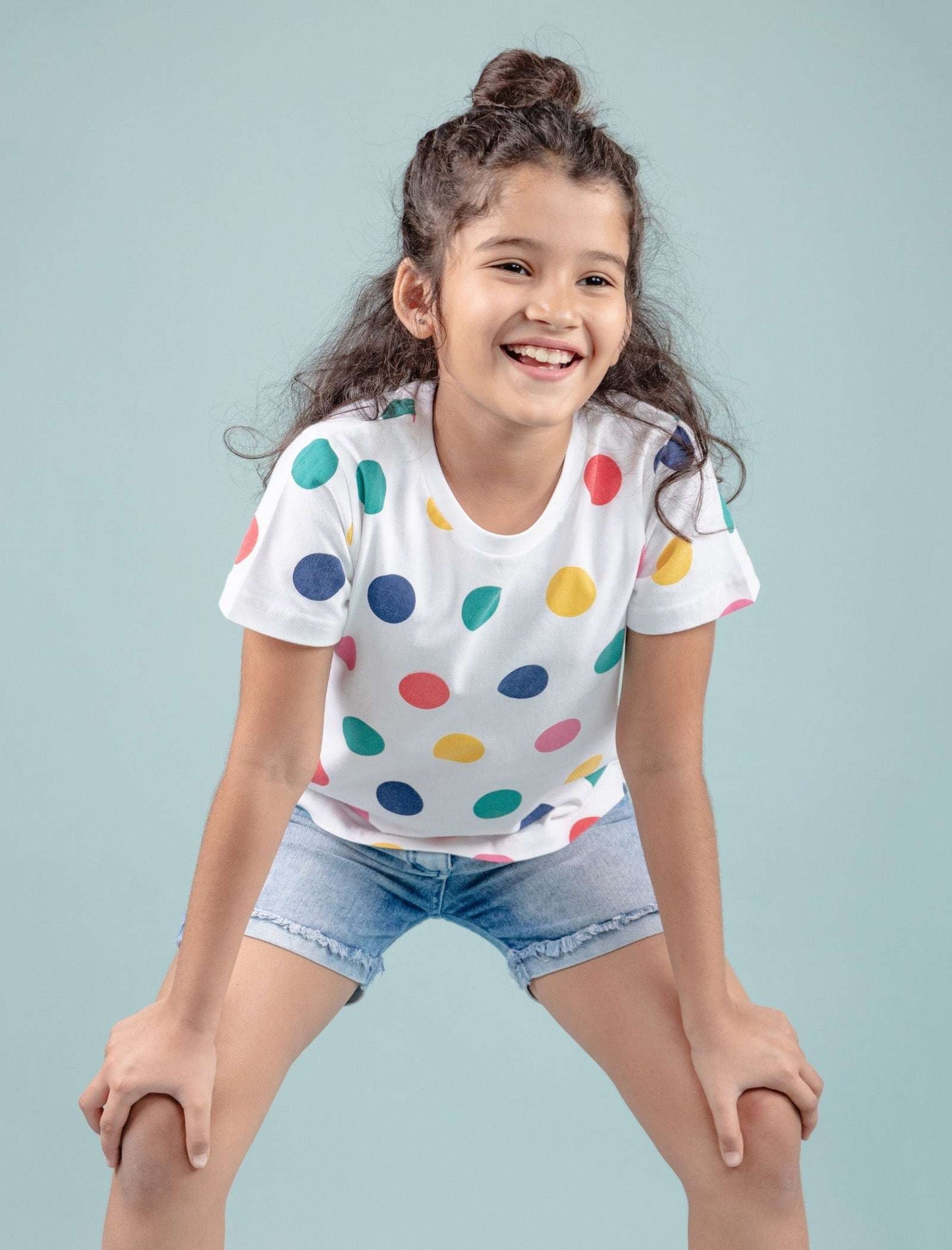 Girls Kids Hand Printed Half Sleeve Cotton T-Shirt (Multi Polka Dot) - Tweeny Mini