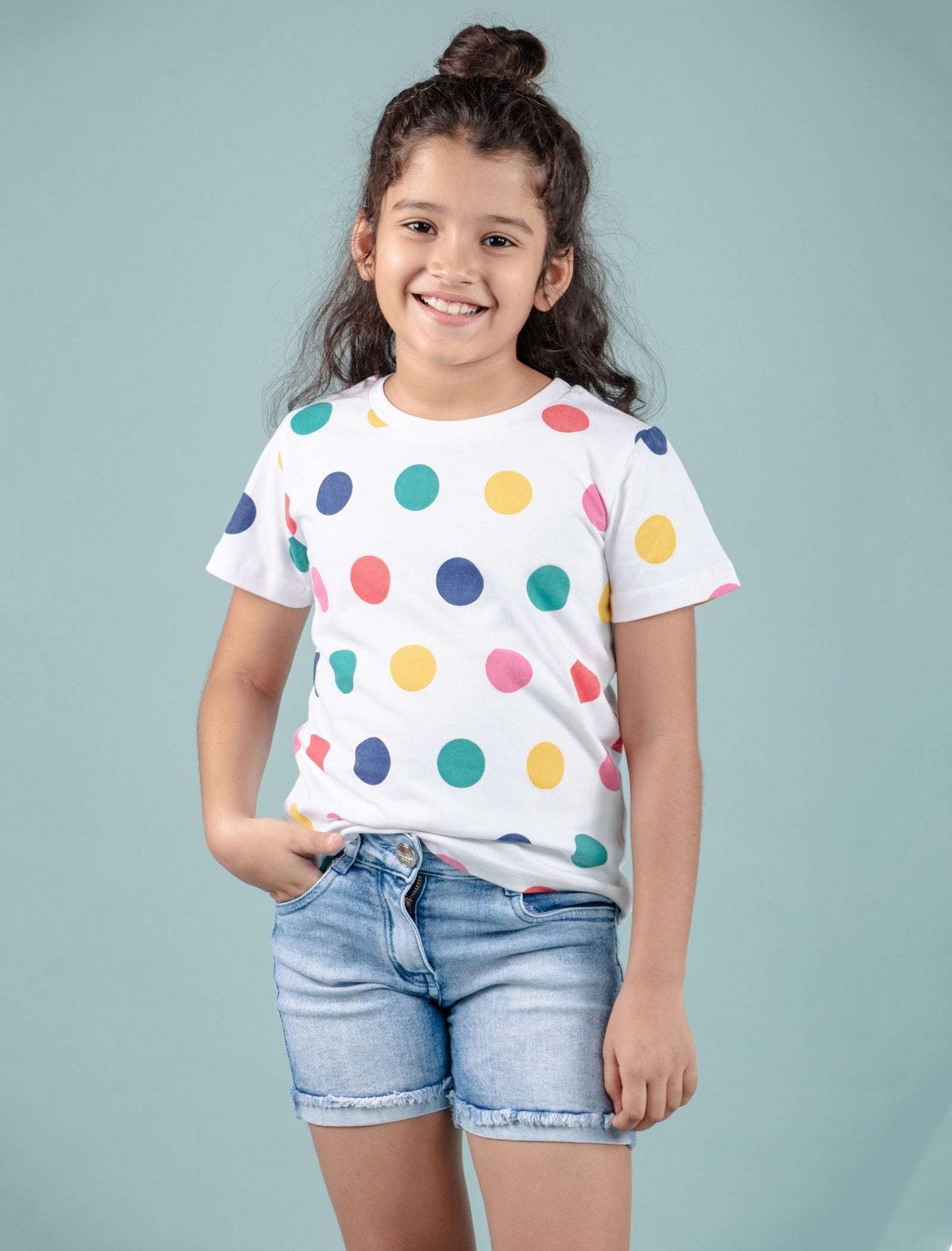 Girls Kids Hand Printed Half Sleeve Cotton T-Shirt (Multi Polka Dot) - Tweeny Mini