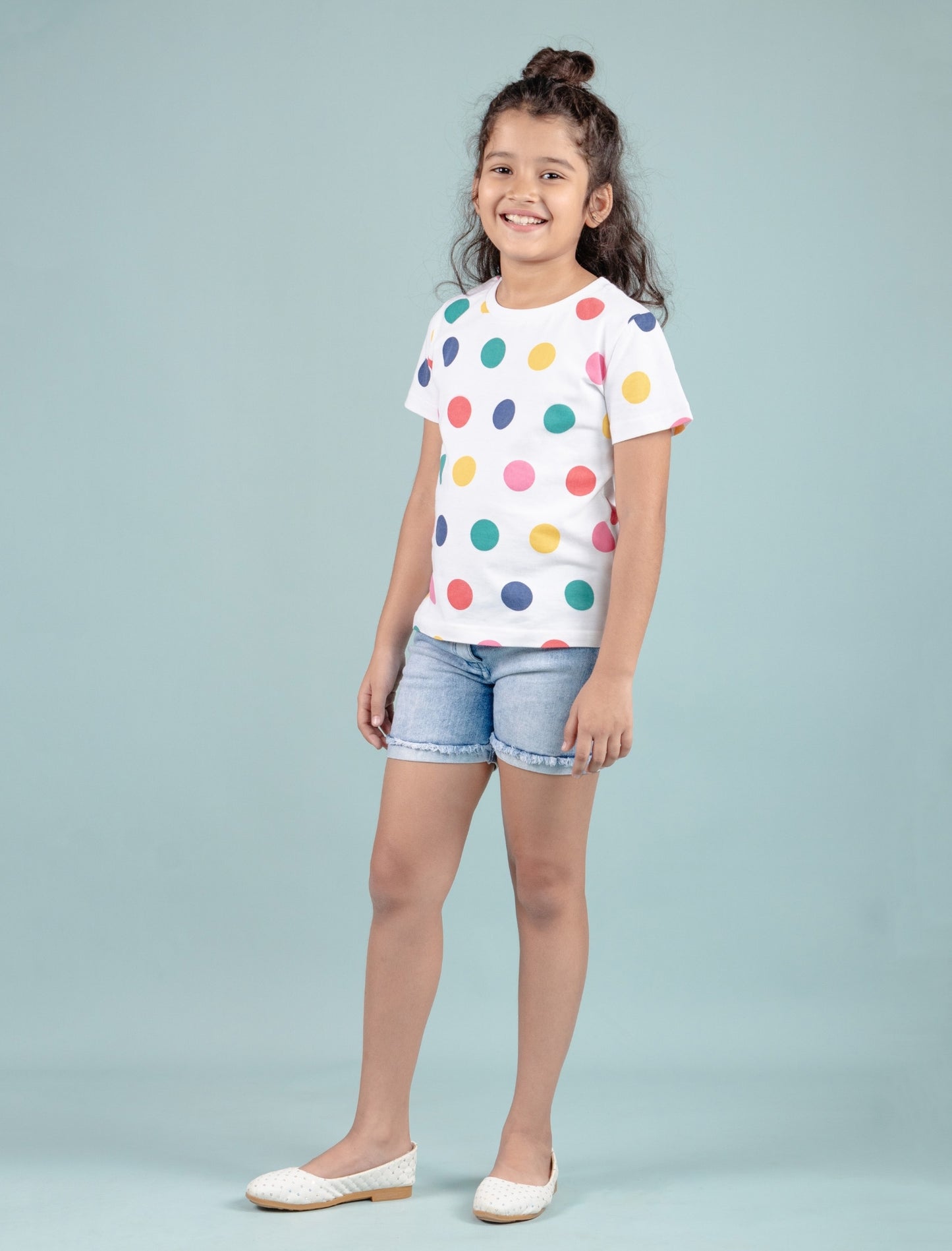 Girls Kids Hand Printed Half Sleeve Cotton T-Shirt (Multi Polka Dot) - Tweeny Mini