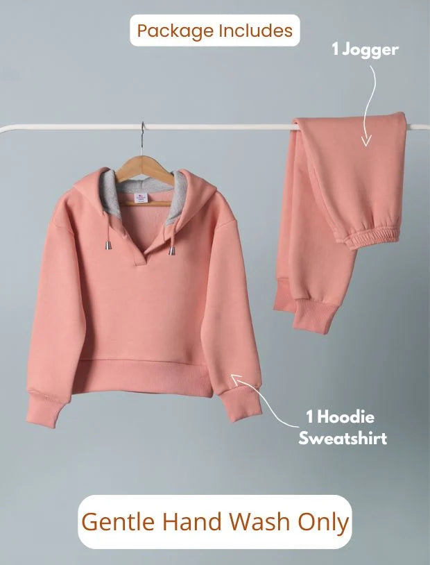 Hoodie for Kids – Coral Peach Winter Fleece Hoodie with Jogger Set-Tweeny Mini