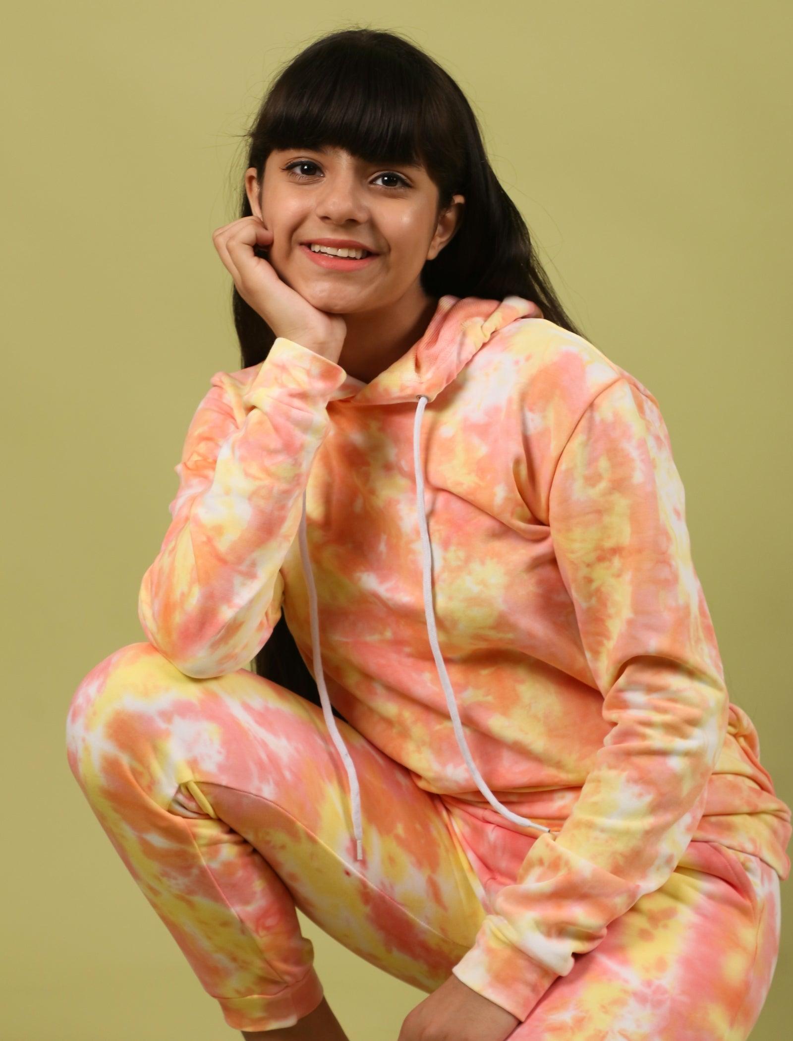 Kids Tie Dye Hoodie for Girls with Jogger Pant (Peach) - Tweeny Mini