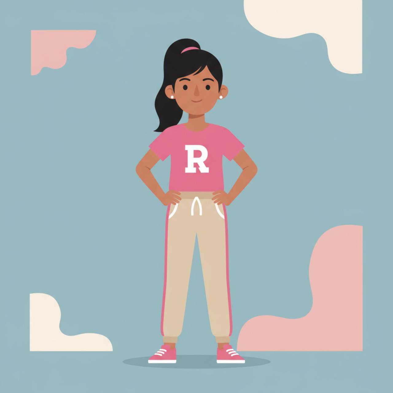 Illustration of a girl wearing a pink shirt with a 'R' on a light blue background